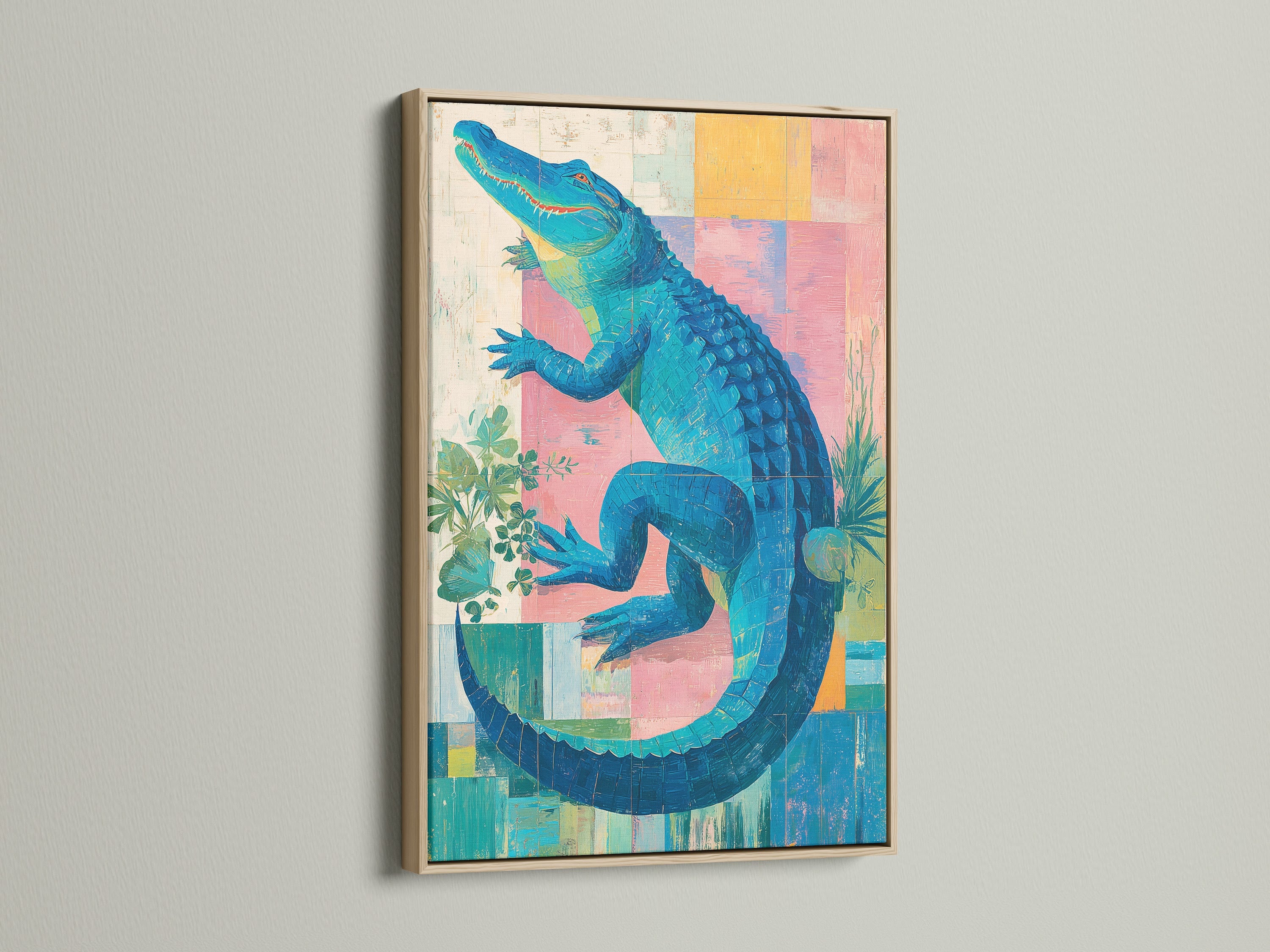 A vibrant alligator artwork is framed in oak. This tropical animal print brings a lively splash to any room. Ideal for bathroom wall art or living room decor. The oak frame enhances its natural charm.