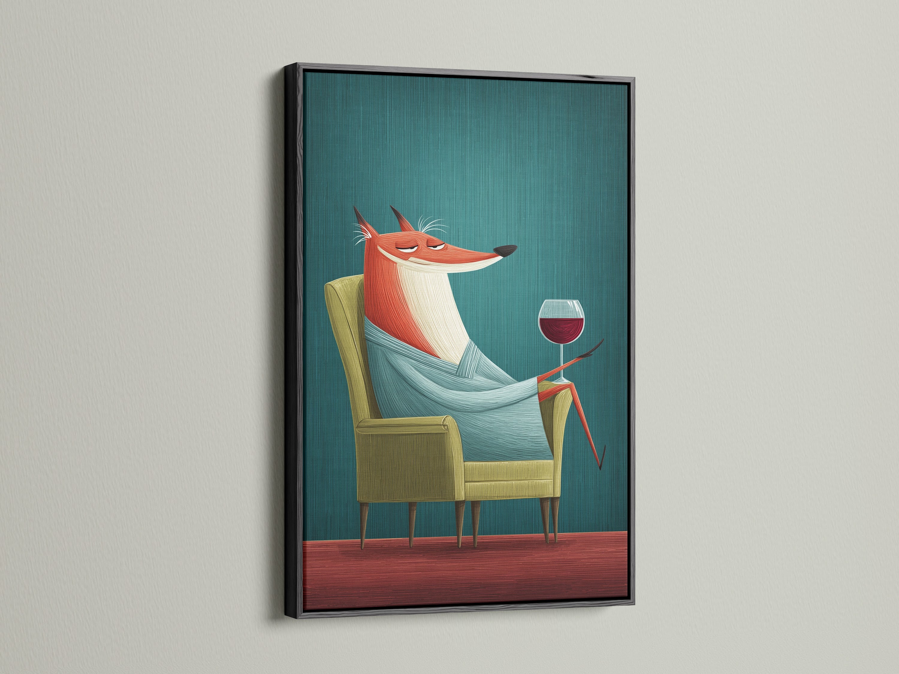 A black frame surrounds a fox art print. This piece offers a contemporary look. It is ideal for mid-century modern interiors. The animal art provides a touch of sophistication to any room.