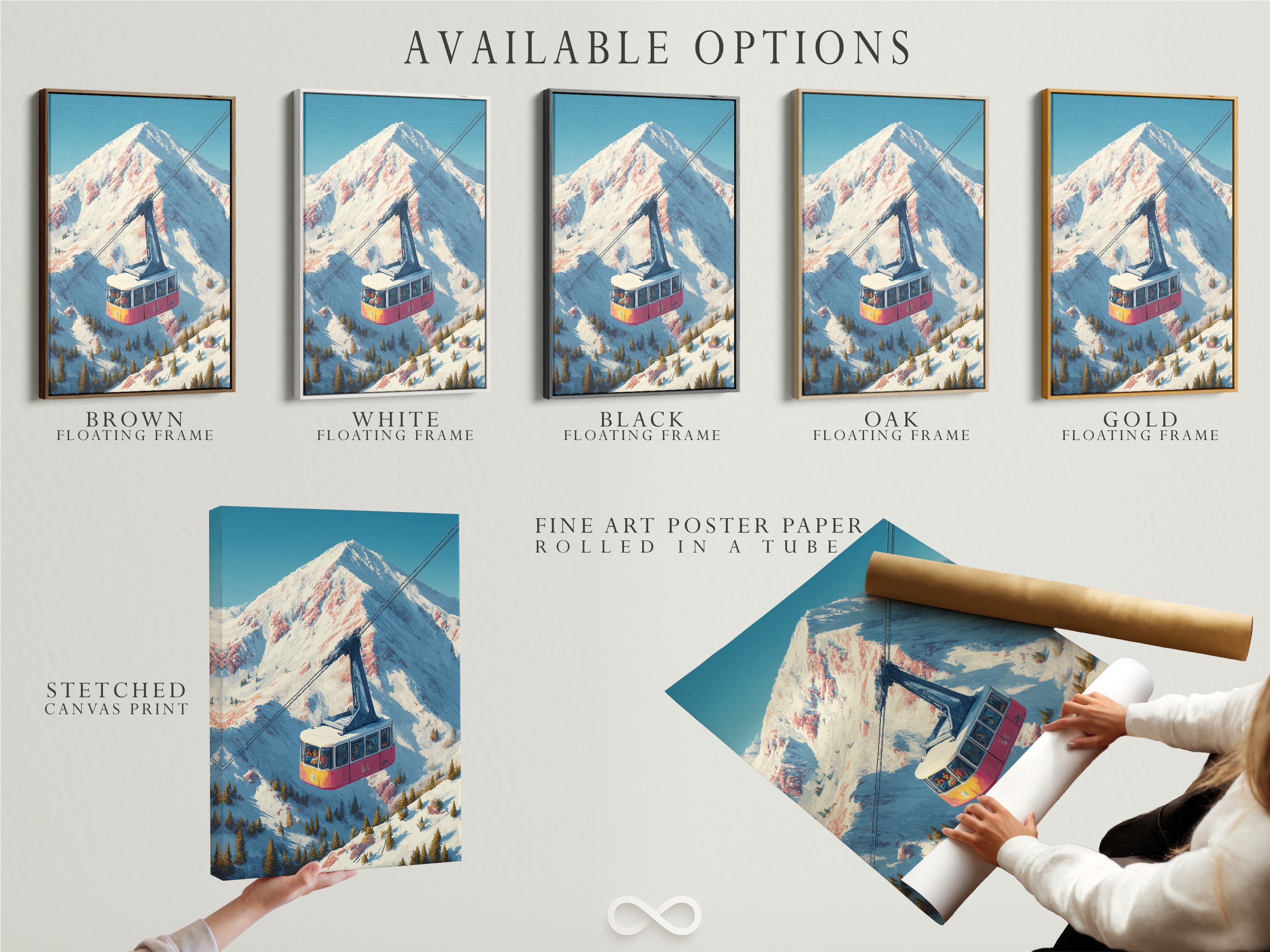 Available artwork options are displayed. Stretched canvas prints fine art poster paper and floating frames are shown. Vintage ski lift art and alpine mountain cable car artwork are available. Elevate your wall decor.