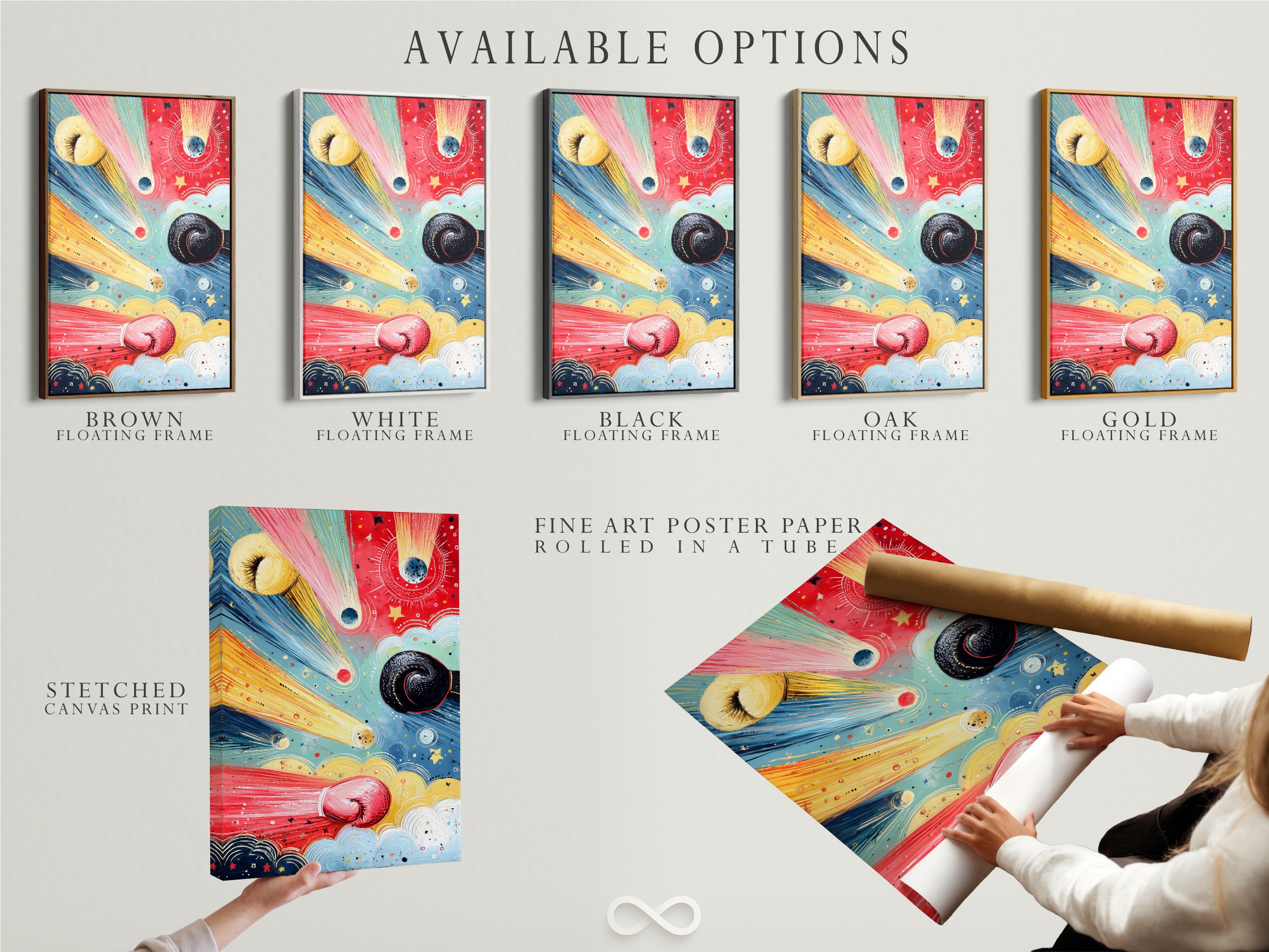 Available options for abstract boxing gloves artwork. Choose from stretched canvas print fine art poster paper or floating frame. Find the perfect style to match your decor. The options cater to different tastes and preferences. Select the ideal format for your sports artwork. Enhance your space with personalized art. Customize your artwork today.