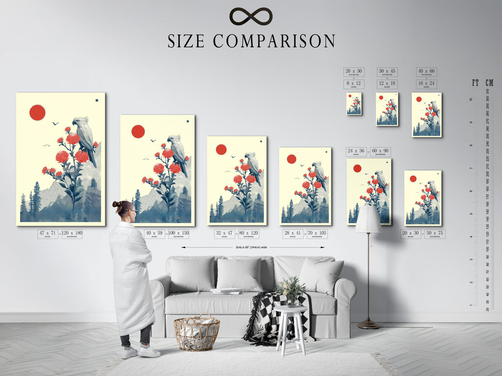 Size comparison chart in an interior setting. Visualize how the Japanese bird artwork fits in your home. Choose the perfect size for your crane wall art. Find the ideal fit now.