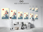 Size comparison chart in an interior setting. Visualize how the Japanese bird artwork fits in your home. Choose the perfect size for your crane wall art. Find the ideal fit now.