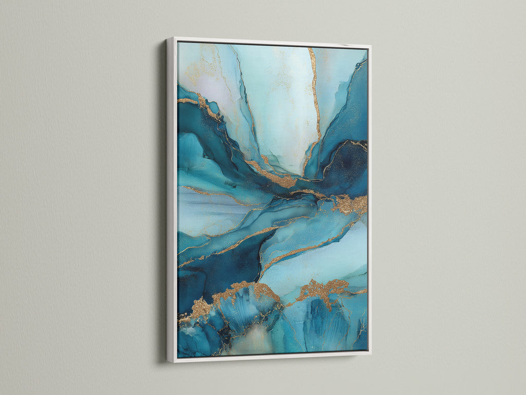 The abstract blue and gold artwork is presented in a clean white frame. The frame enhances the fluid teal marble wall art. This modern artwork adds a fresh touch to any space. Ideal for contemporary office art or stylish bedroom decor. Its design blends seamlessly with various interior themes.