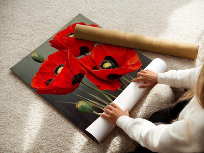 A woman is carefully rolling a fine art poster paper. This ensures the red poppy floral artwork arrives in pristine condition. Perfect for creating stunning floral prints. The botanical art is ready to enhance your wall decoration.