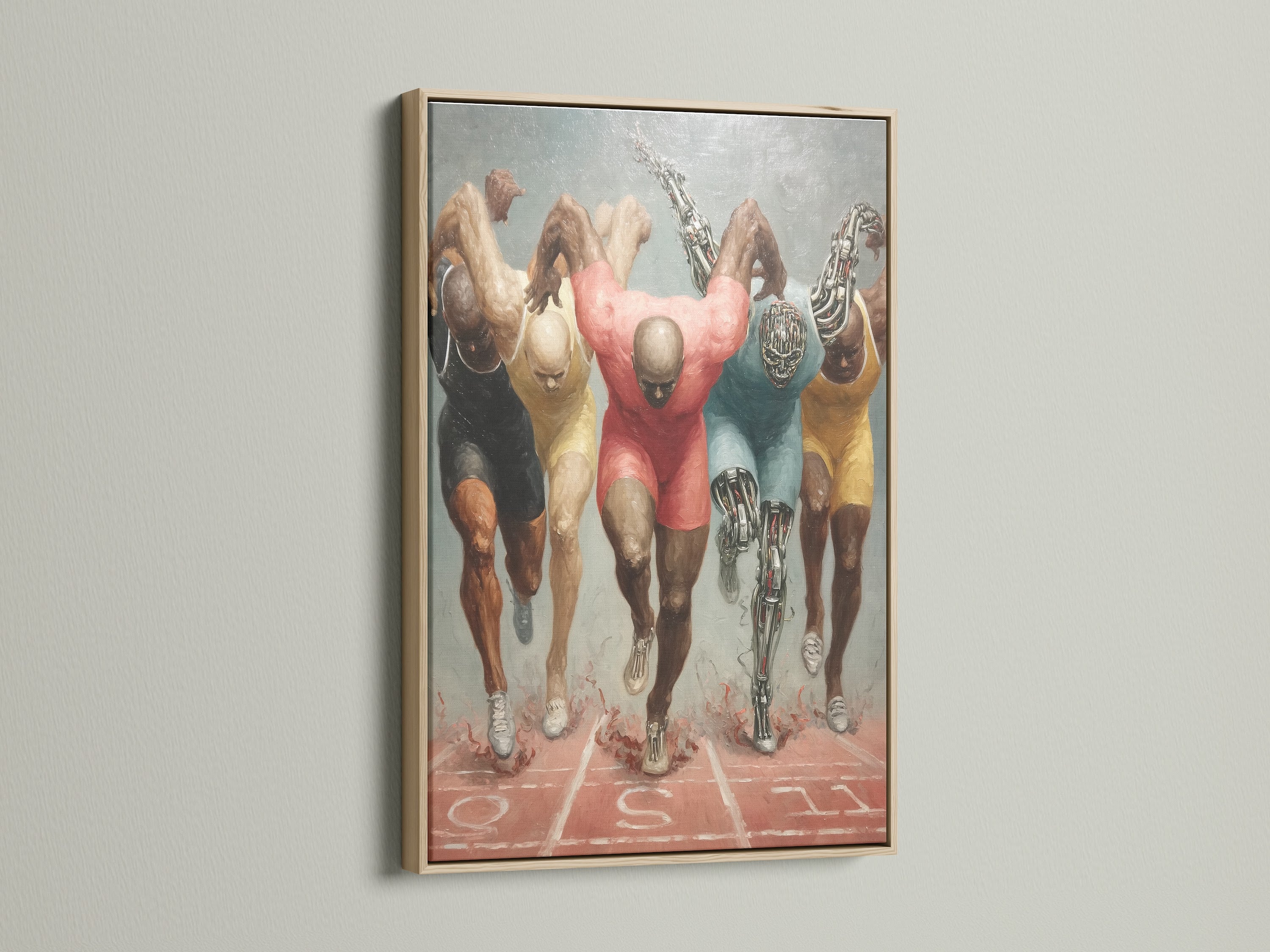 The running athletes artwork is displayed in an oak frame. This sports wall art adds a touch of nature to any room. It's perfect for fitness enthusiasts and tech lovers alike. The oak frame enhances the artwork's motivational theme.