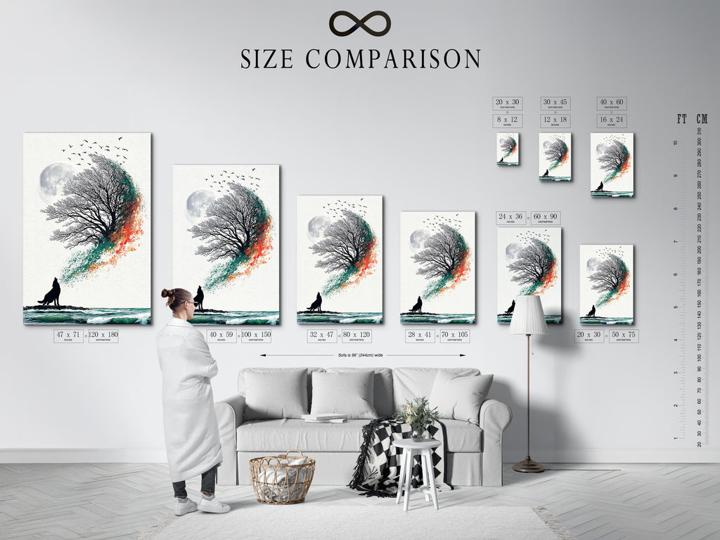 This is a size comparison chart in an interior setting. See how the wolf artwork fits in your space. The moon canvas sizes are displayed. Coastal wall art options are shown. Teal and orange art sizes are compared. Find the perfect fit for bedroom art.