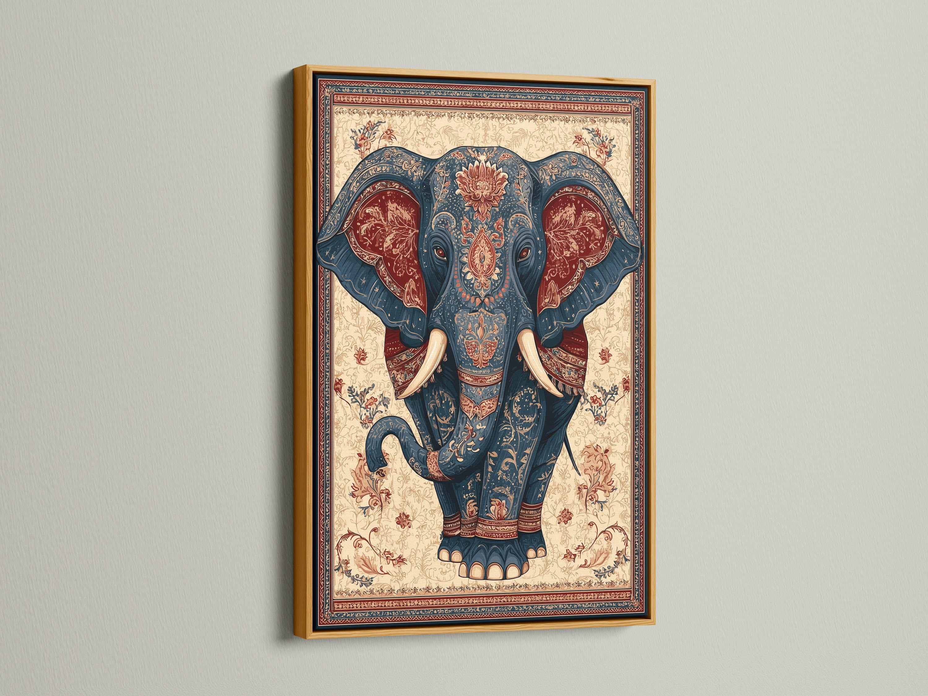 A gold frame showcases a majestic elephant artwork. The gold frame adds a luxurious feel to the artwork. It enhances the artwork's richness and depth. It brings warmth and elegance to the space. The shimmering gold frame is a statement piece. Consider the opulence a gold frame brings.