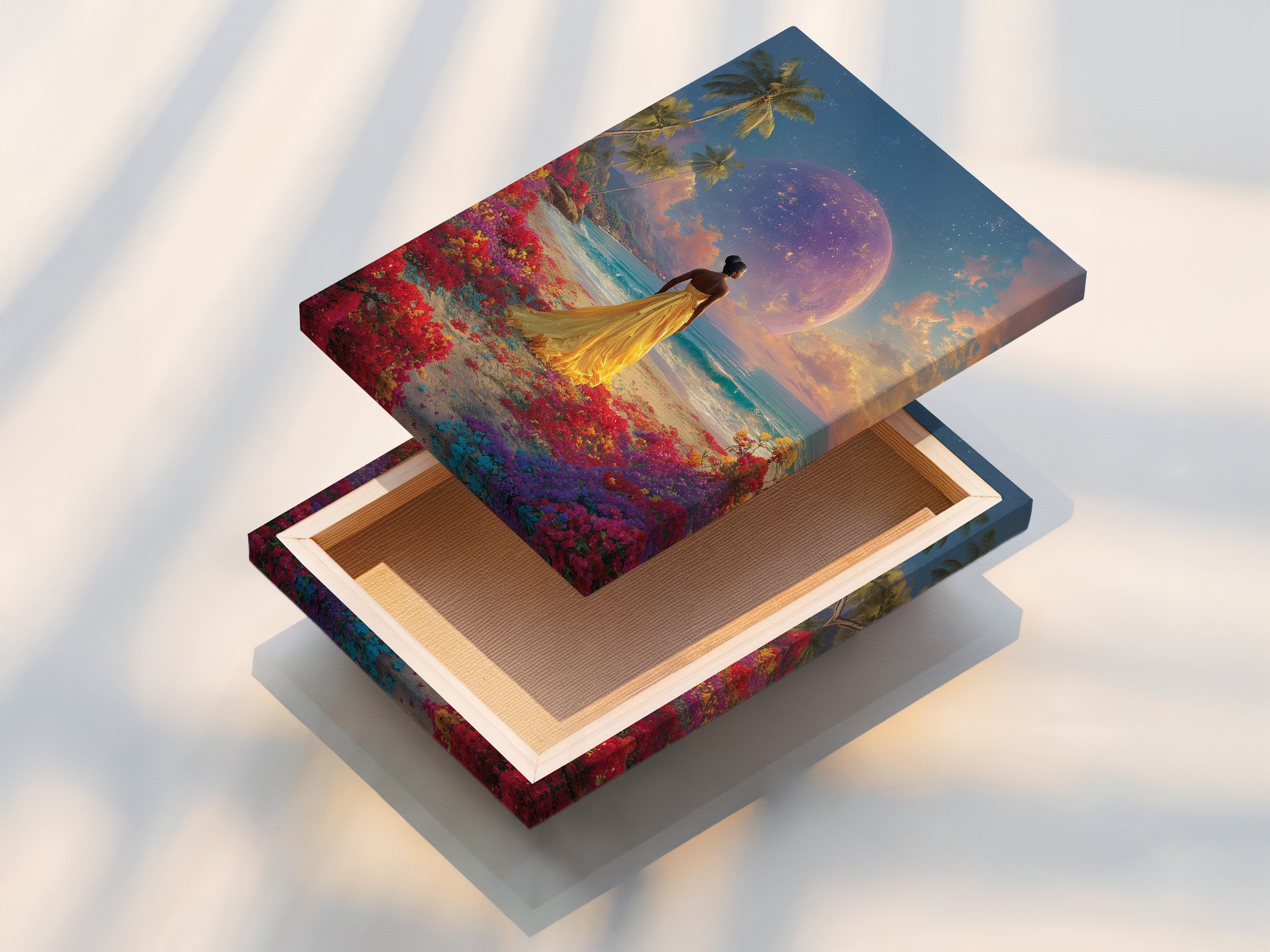 This is a stretched canvas print of artwork. The artwork shows a woman in a yellow dress on a beach with a planet in the sky. The stretched canvas offers a gallery-ready look. This is a great option for displaying artwork.