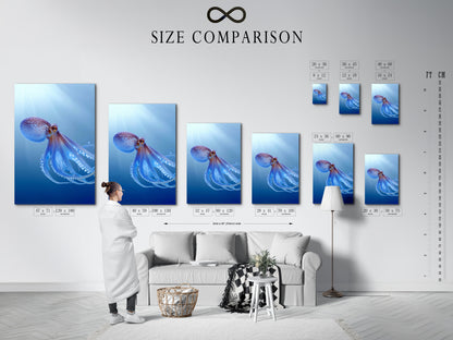 A size comparison chart is displayed in an interior setting. It helps visualize the perfect size for your octopus artwork. Choose the ideal dimensions for your teal blue sea canvas. Find the right fit for your marine animal artwork. See how the ocean print complements your space.
