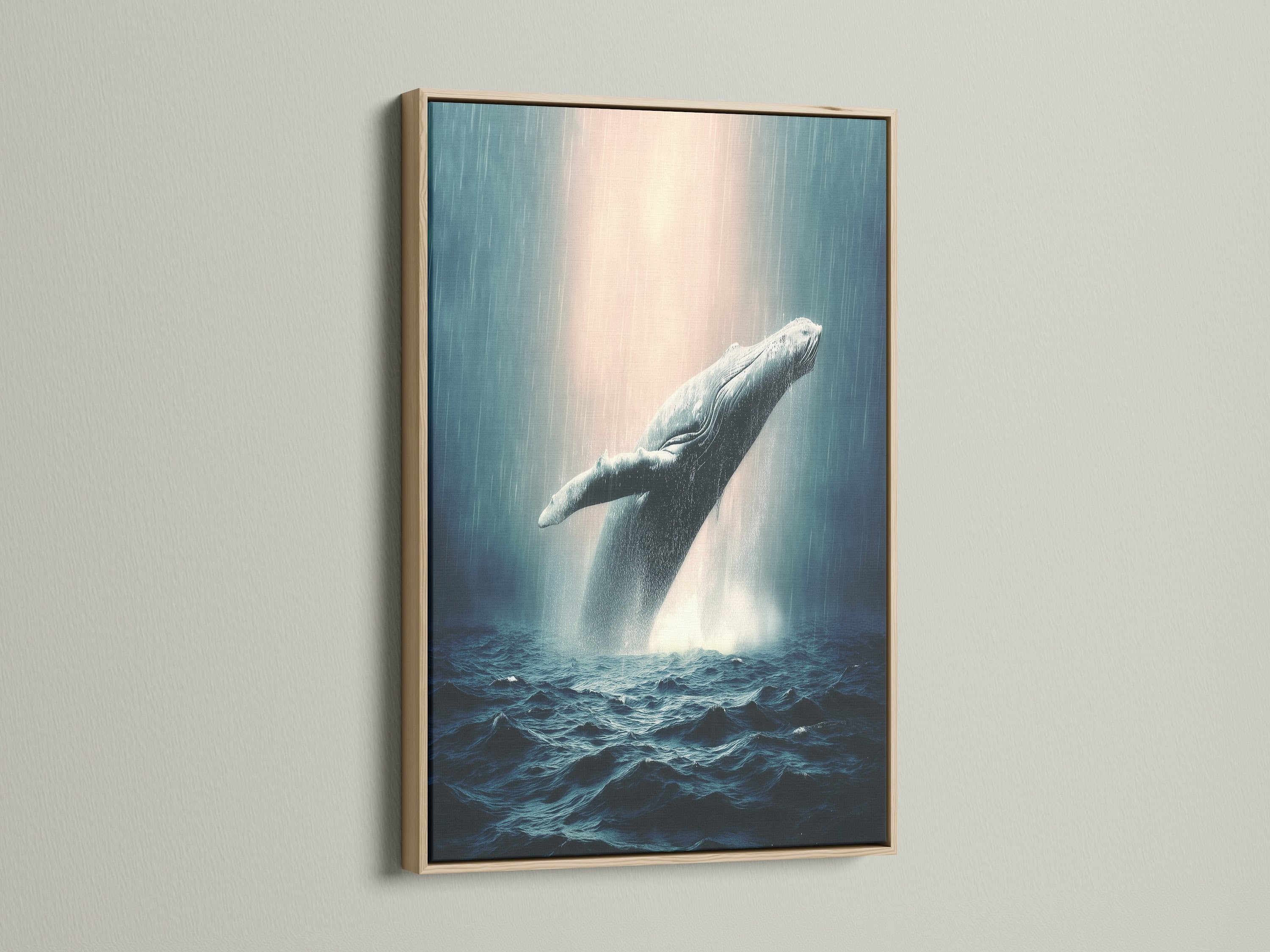 This is a whale canvas print with an oak frame. It is an ocean wildlife wall art featuring a humpback whale. It is marine life art. The whale artwork is perfect for coastal wall decor. This is sea life print.