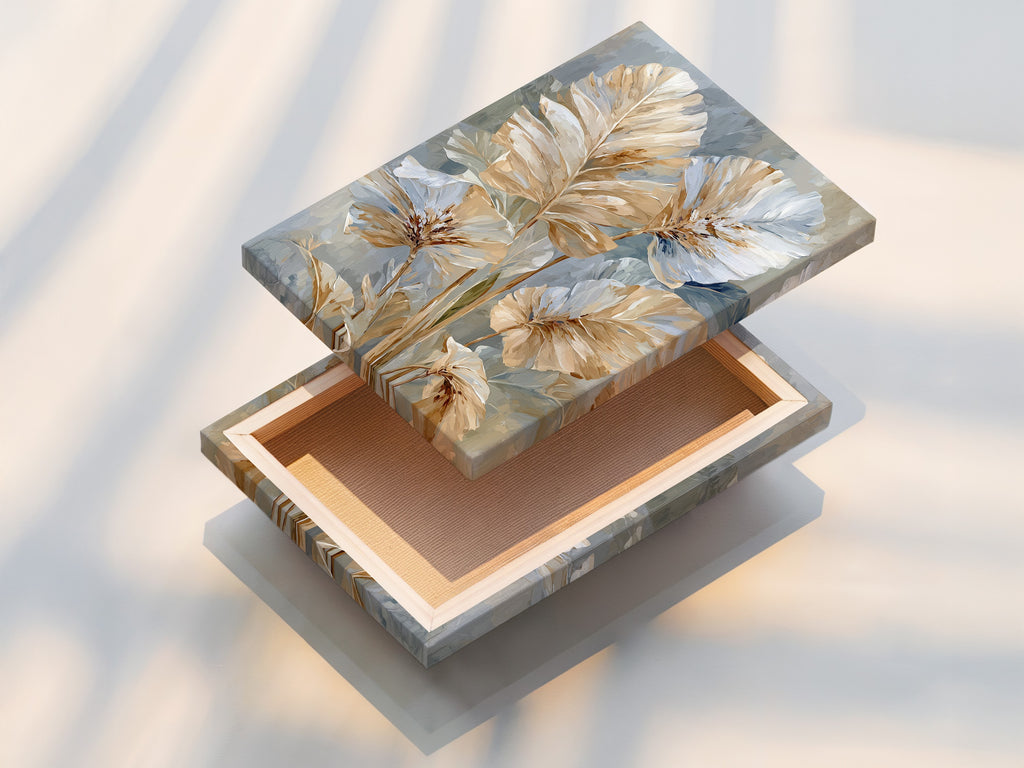 A stretched canvas print of beige and blue neutral floral art. The artwork is contemporary. It would look great in minimalist Scandinavian or contemporary spaces. This art is perfect for homeowners renters interior stylists and business owners.