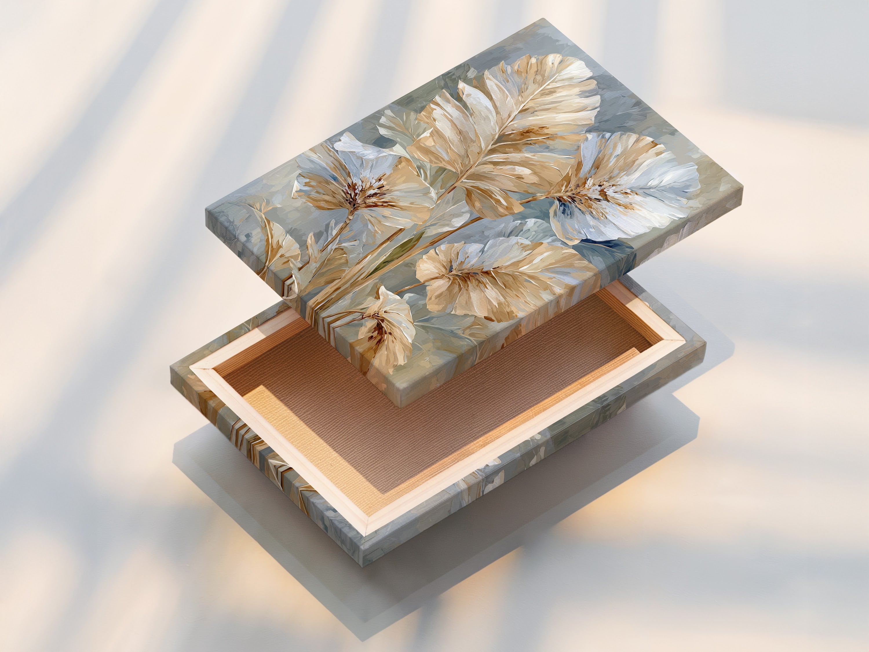 A stretched canvas print of beige and blue neutral floral art. The artwork is contemporary. It would look great in minimalist Scandinavian or contemporary spaces. This art is perfect for homeowners renters interior stylists and business owners.