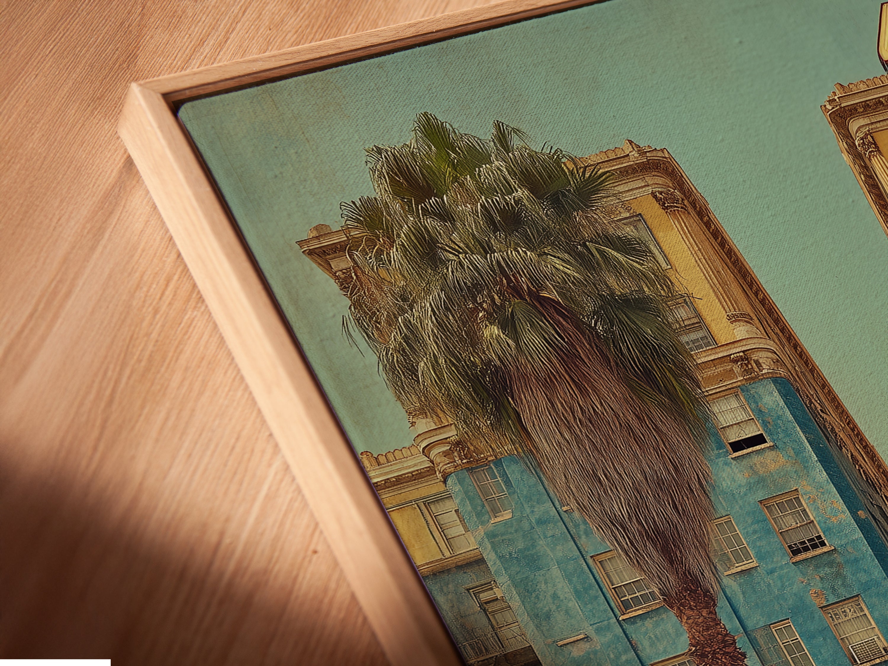 Close-up of a canvas print in a floating frame showcasing its texture and high-quality printing. The floating frame enhances the artwork. This highlights the fine details of the vintage hotel art. Perfect for upscale wall decor.