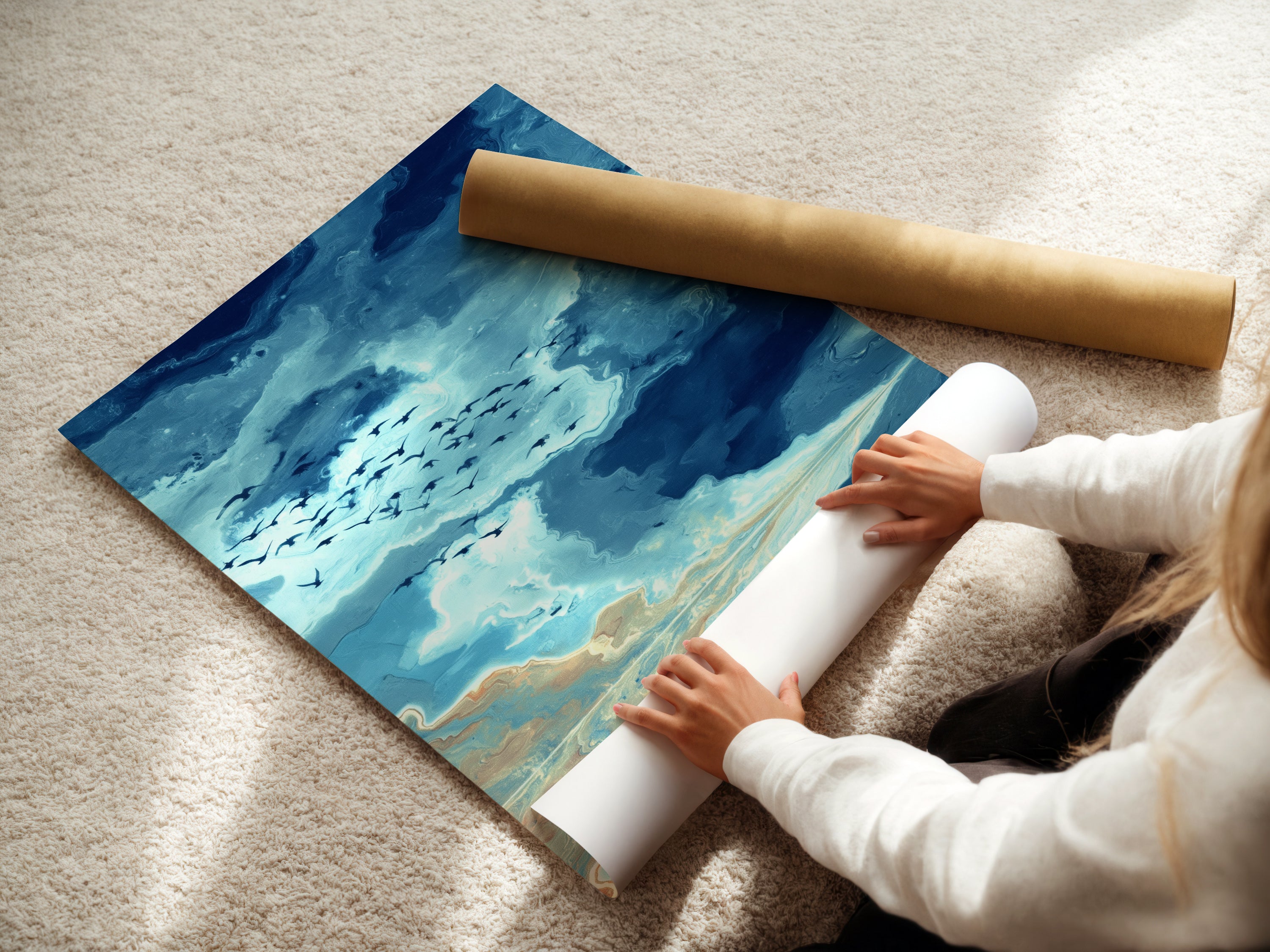 A woman is carefully rolling a fine art poster paper print. The artwork features a serene seascape with a teal sky and birds. This demonstrates the care in handling delicate artwork. The fine art poster is ready for framing or display. It's perfect for adding calming art to any space.