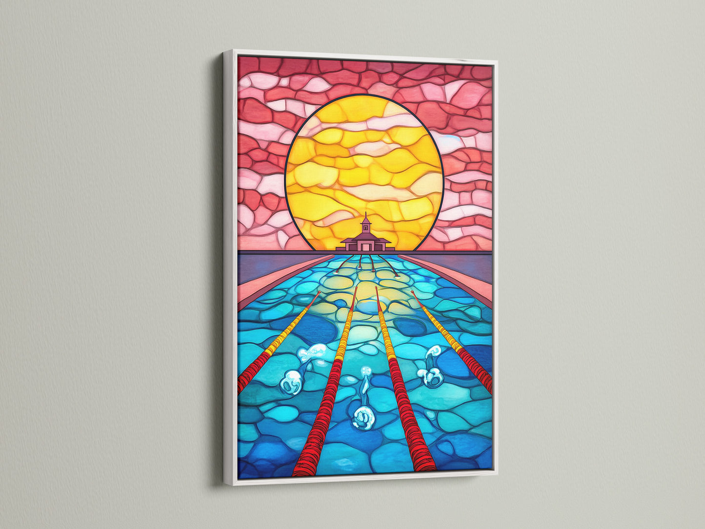 Stained Glass Ocean Artwork is displayed in a white frame. The ocean canvas print has a coastal tropical style. The blue and yellow artwork is vibrant. Add a mystical touch to your home with this art print.