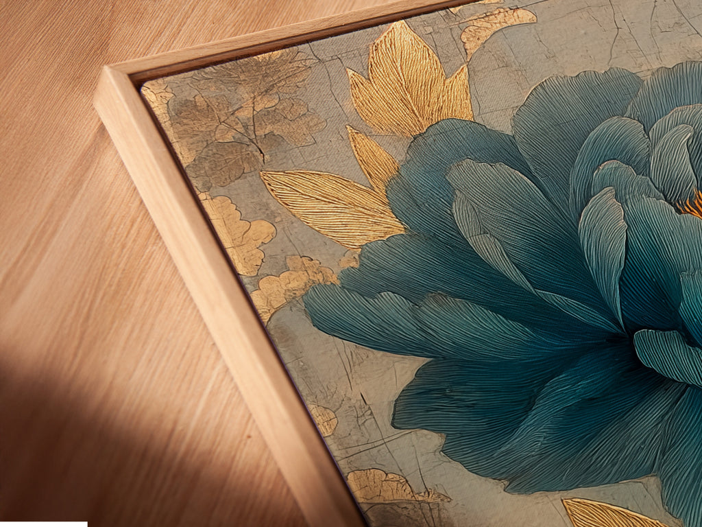 A close-up angled view of a canvas print in a floating frame. The art depicts a blue flower. The floating frame adds a modern touch. The canvas print is stretched and ready to hang.