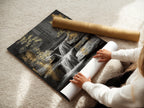 A woman rolling fine art poster paper. Preparing a waterfall art print for your home. Get your zen garden print ready for display. The nature wall decor is printed on high quality paper. Perfect for adding a tranquil touch to any room. Bring the urban oasis home.