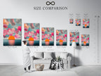 This is a size comparison chart in an interior setting. It helps you visualize the perfect dimensions for your Sunset Clouds artwork. Choose the ideal size for your living room wall art or bedroom wall decor. Ensure the artwork complements your space.