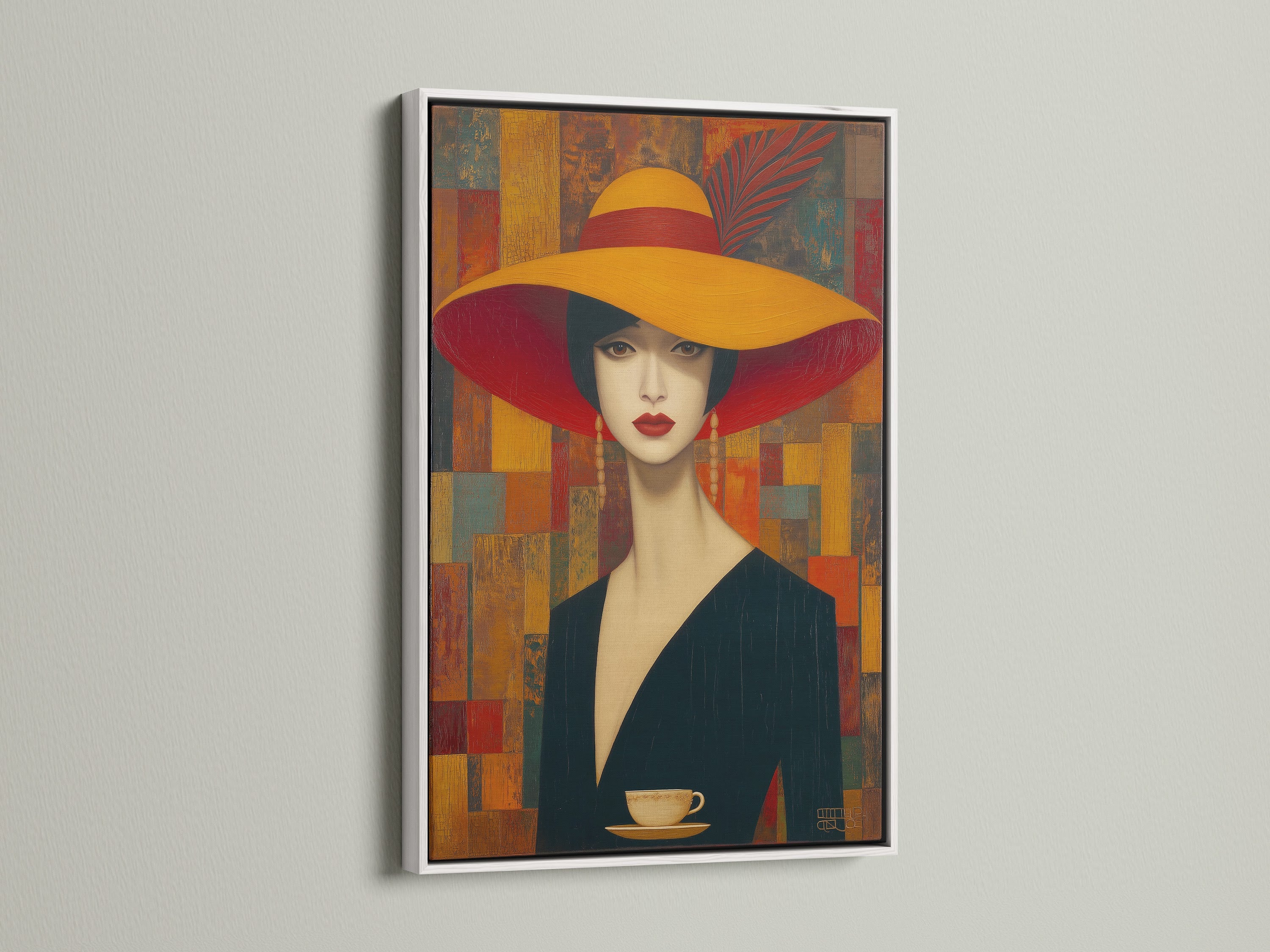 Vintage Woman Portrait Art with an Art Deco Canvas Print is displayed within a white frame. The elegant lady wall art enhances dining room decor. A white frame offers a clean modern aesthetic.
