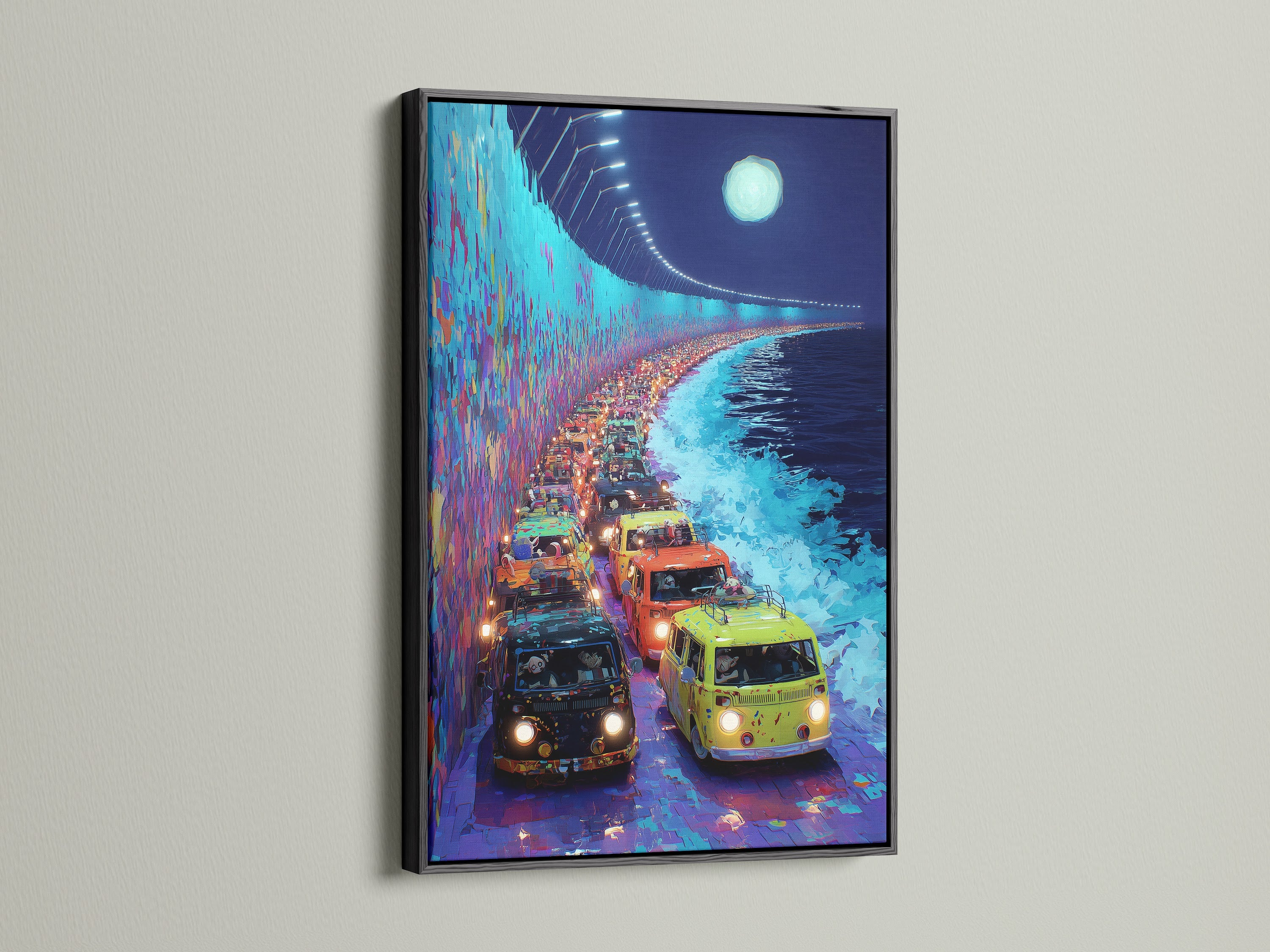 Retro van coastal highway artwork with a black frame. This black frame adds a modern touch. The vintage vehicle poster is perfect for offices. The road trip print complements bohemian interiors. A great choice for homeowners and renters looking for unique wall art.