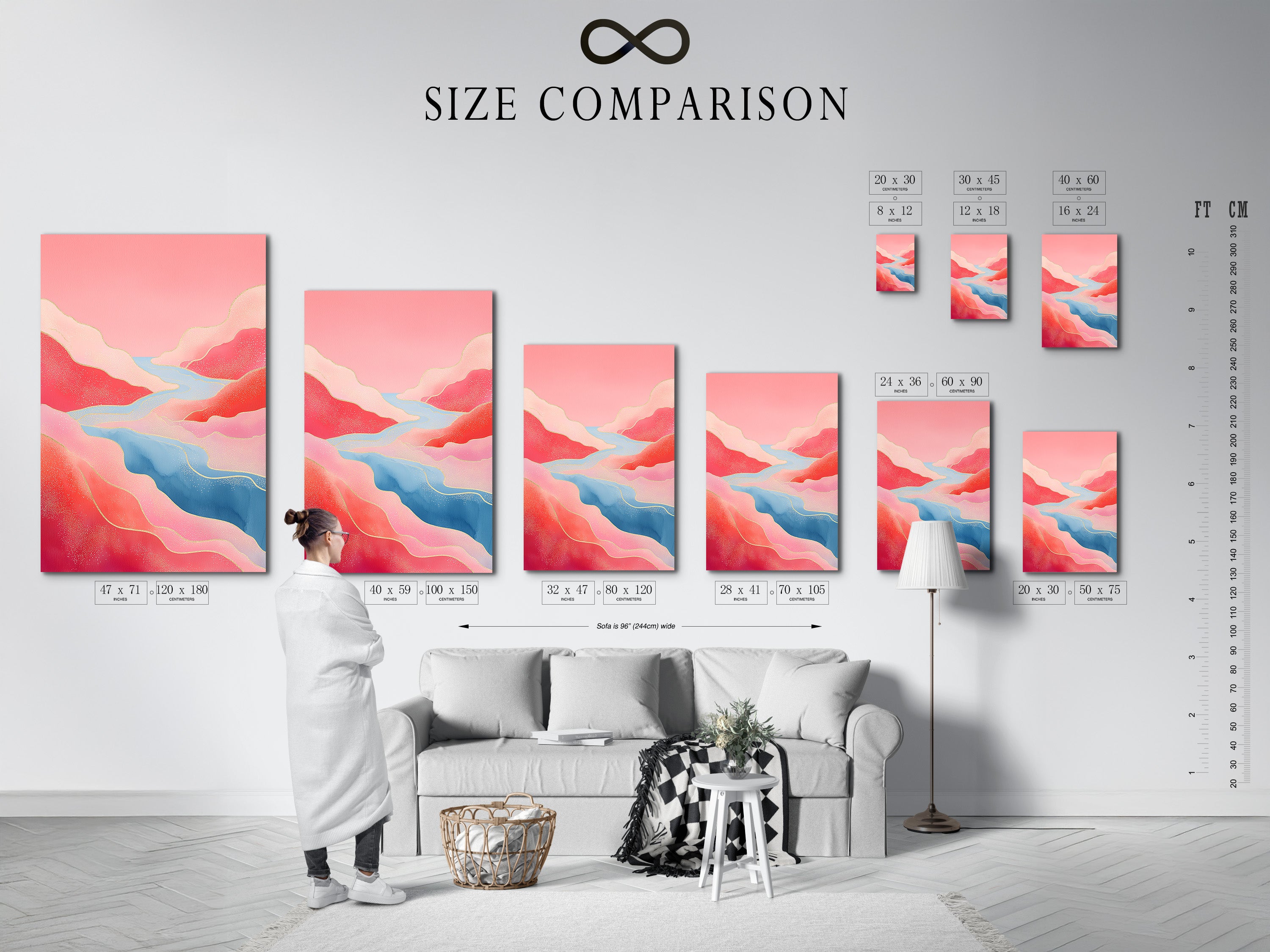 A size comparison chart shows the art in an interior setting. Visualize how this abstract landscape will look in your home. Perfect for homeowners and renters. This modern nature decor will transform your space.