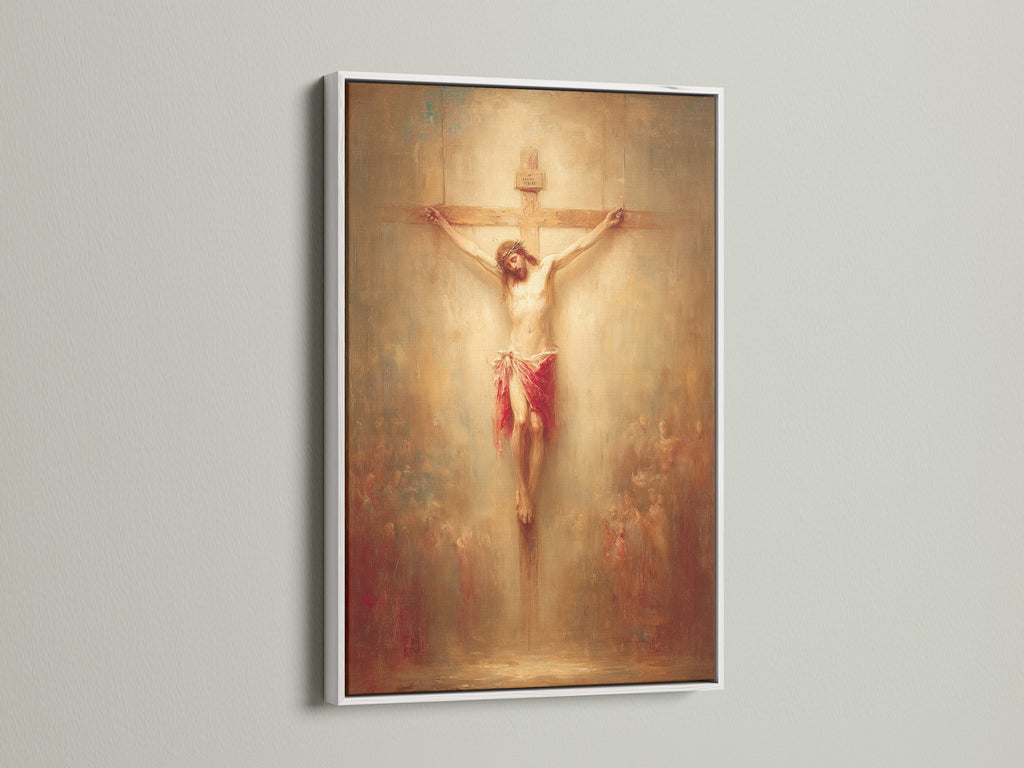 Artwork of Jesus Christ on the cross is beautifully displayed within a white frame. This frame option showcases the art piece elegantly. A white frame offers a clean and modern look. Perfect for highlighting the art without distraction. See how this frame can brighten and elevate your space today.