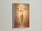 Artwork of Jesus Christ on the cross is beautifully displayed within a white frame. This frame option showcases the art piece elegantly. A white frame offers a clean and modern look. Perfect for highlighting the art without distraction. See how this frame can brighten and elevate your space today.