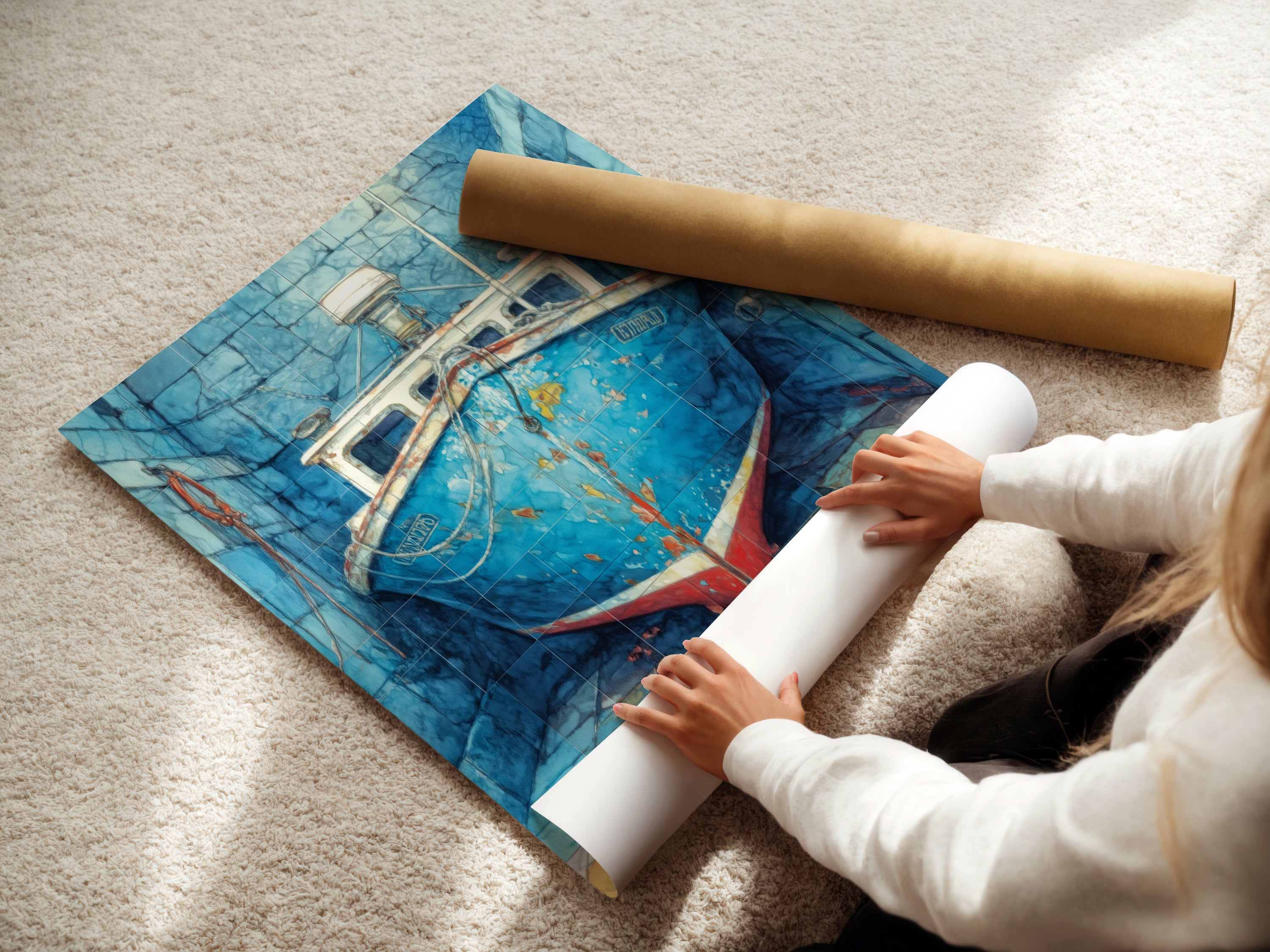 Woman rolling a fine art poster paper. High-quality nautical canvas for coastal wall art. Perfect boat artwork for any office decor. Choose from sea vessel prints and ocean themed art. Delight boat lovers with this gift. Find maritime art. Shop coastal prints now.