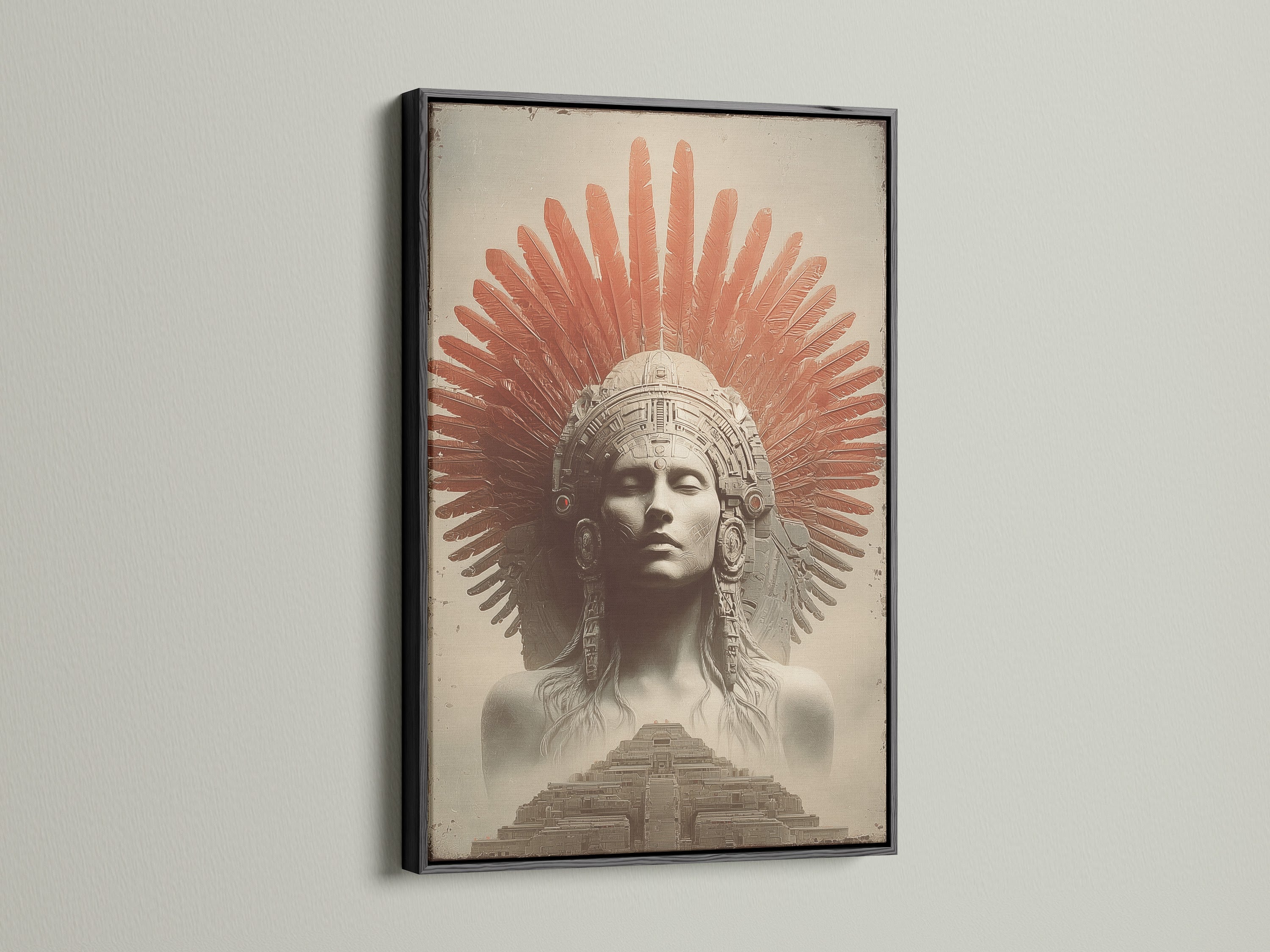 A sleek black frame art piece makes a bold statement. The artwork features an indigenous person with red feathers and a temple. It adds a touch of drama to your decor. Explore our selection of black framed art. Create a sophisticated and stylish atmosphere.