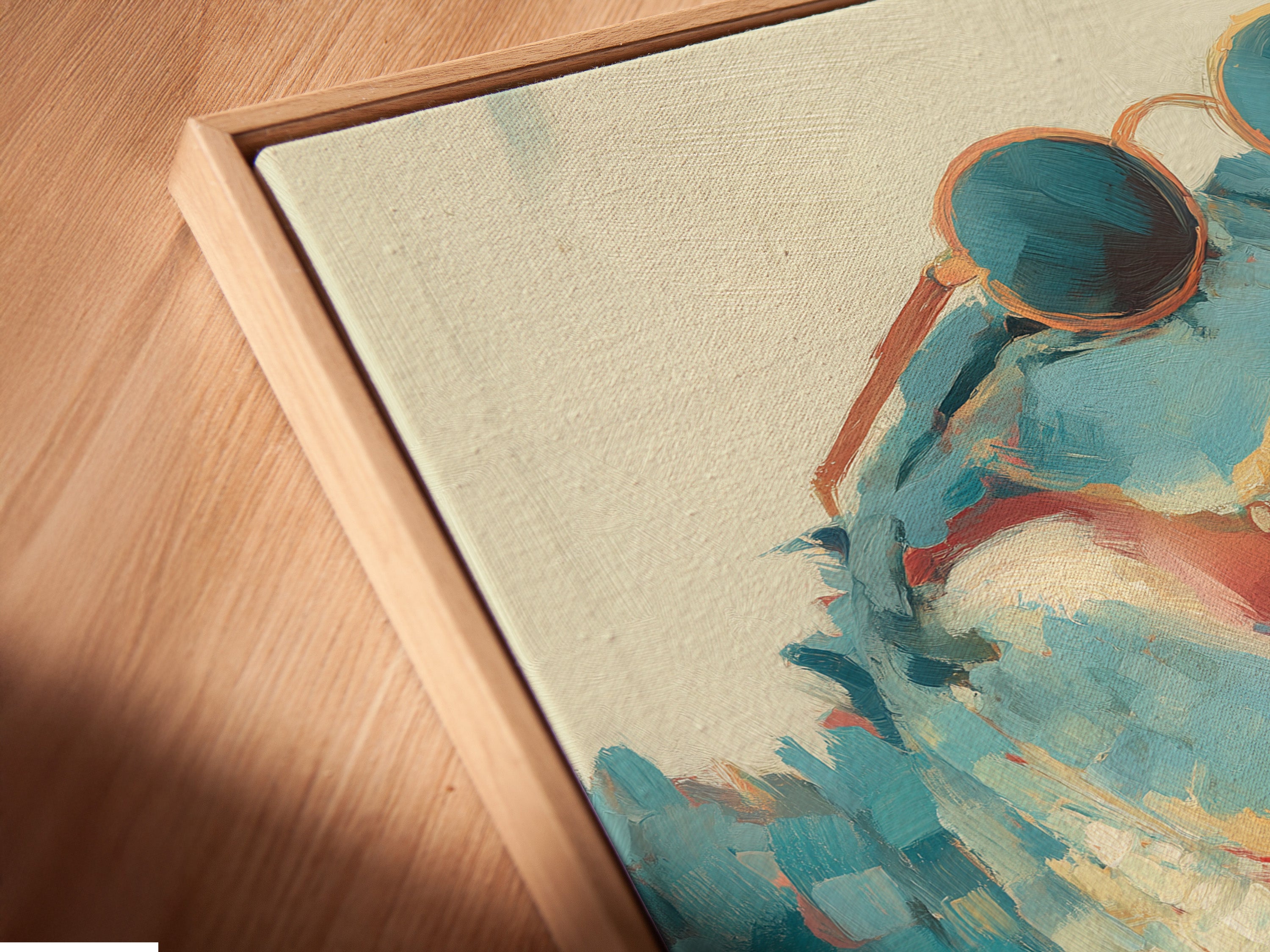 Get a close-up view of a canvas print in a floating frame. The angled perspective highlights the texture. The floating frame adds depth to the artwork. See how the canvas pops. This is modern framing at its best.