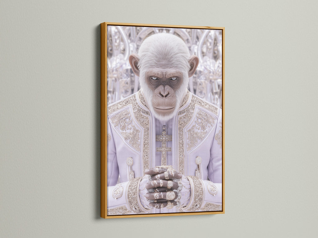 The Monkey Pope art print is framed in gold. The gold frame adds a luxurious touch to this unique artwork. This animal portrait blends religious and contemporary themes. This piece makes it a standout addition to any space. Perfect for those seeking to add a touch of opulence to their home or office decor.