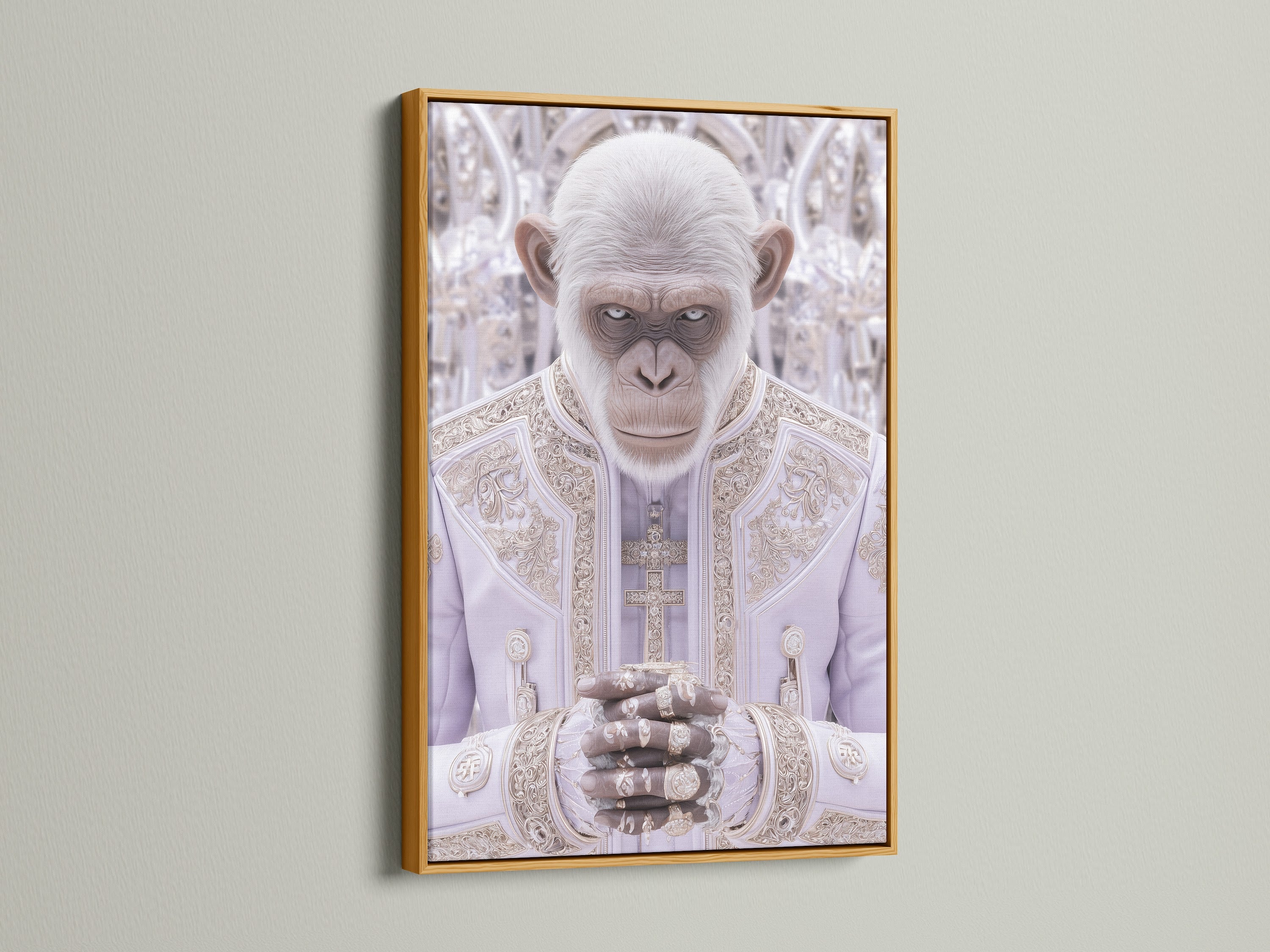 The Monkey Pope art print is framed in gold. The gold frame adds a luxurious touch to this unique artwork. This animal portrait blends religious and contemporary themes. This piece makes it a standout addition to any space. Perfect for those seeking to add a touch of opulence to their home or office decor.