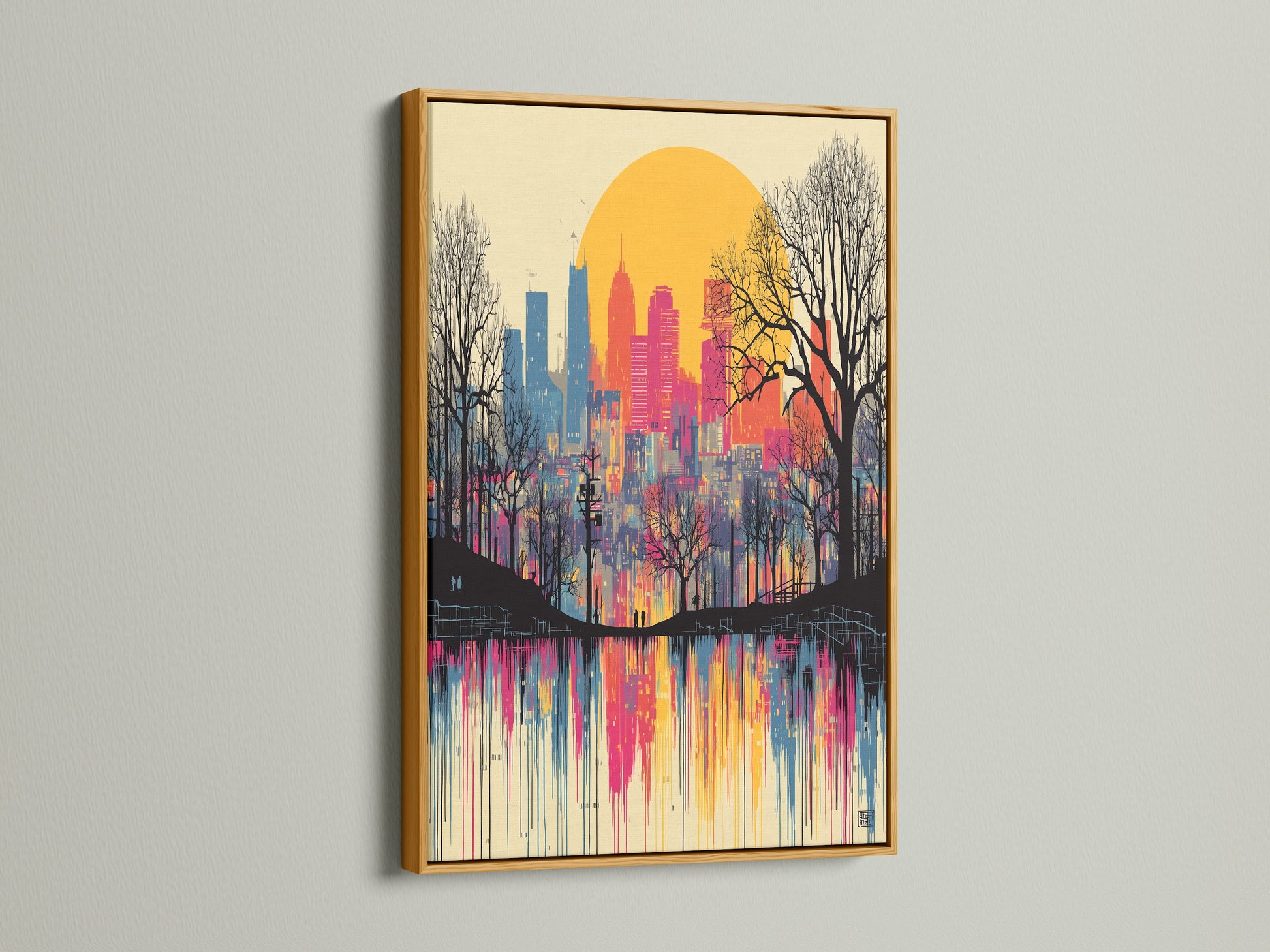 A gold frame showcases this City Skyline Canvas Print. The artwork captures an urban landscape at sunset with a colorful drip paint effect. This skyline print adds a touch of modern elegance to any room. The gold frame makes the colors pop.
