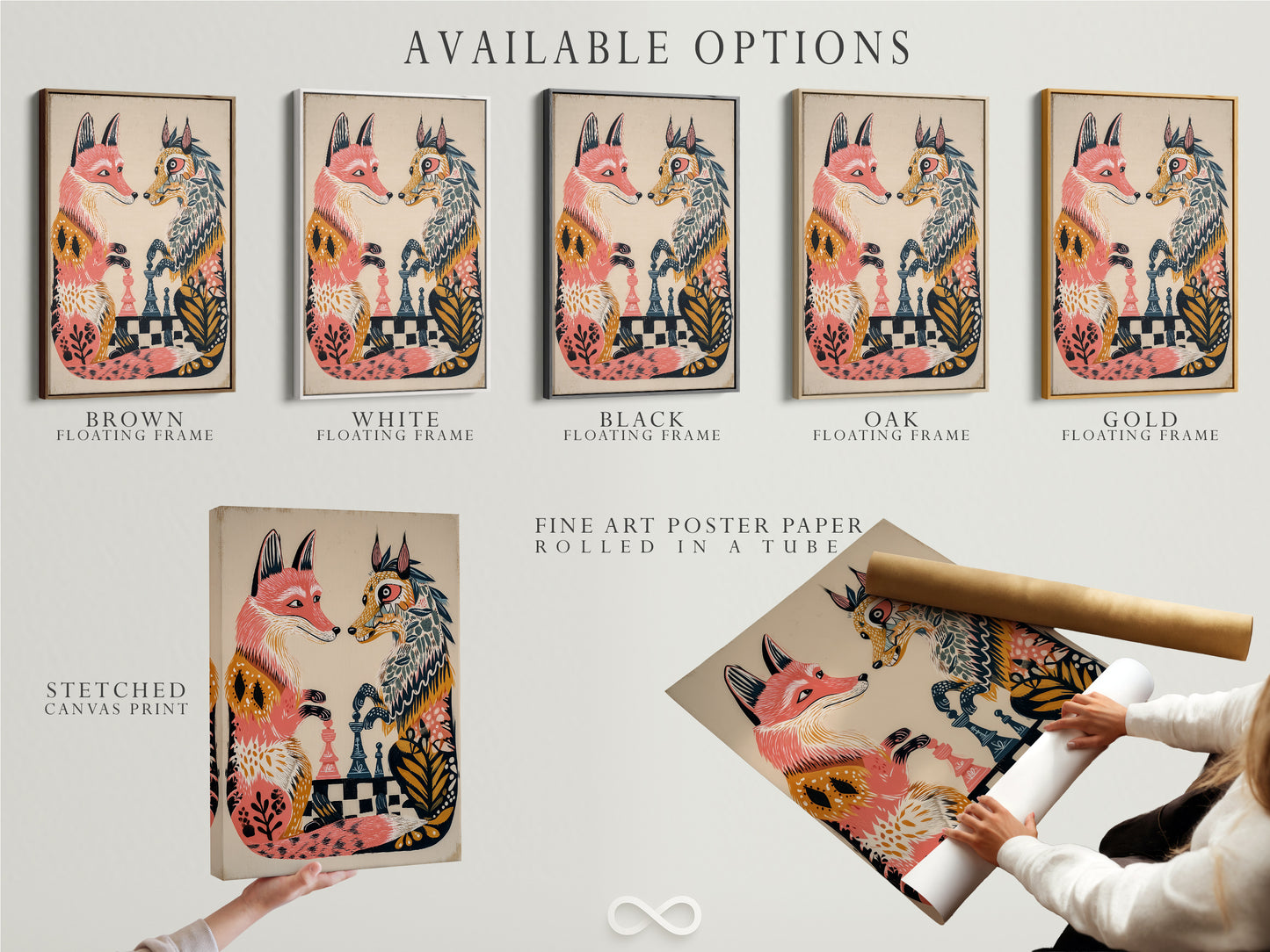 Available options for the fox chess game artwork are displayed. Choose from a stretched canvas print a fine art poster paper or a floating frame. Each option offers a unique way to showcase this animal artwork.