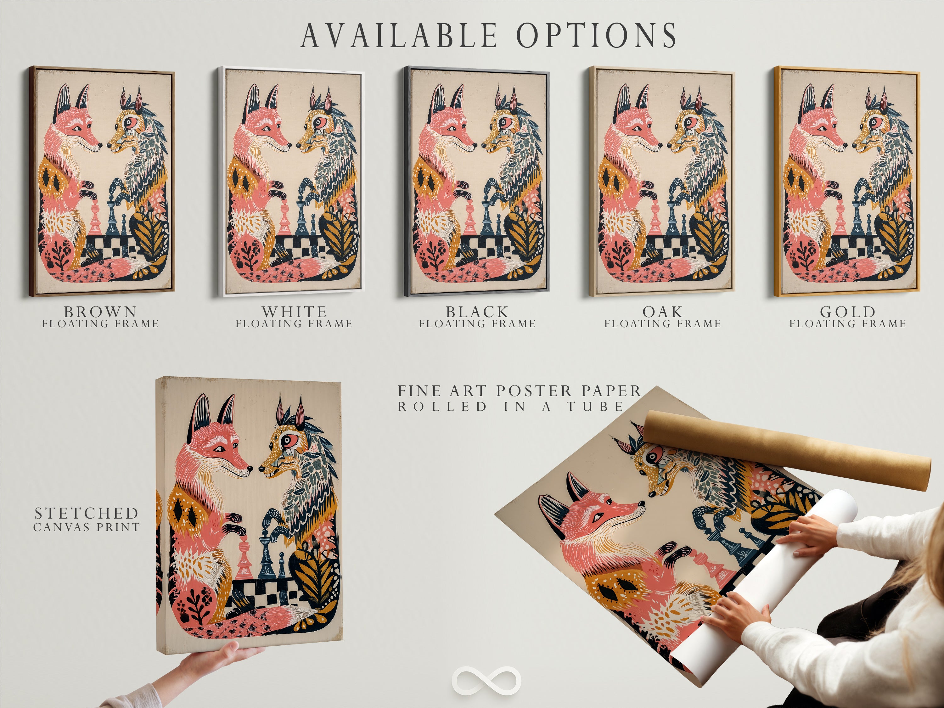 Available options for the fox chess game artwork are displayed. Choose from a stretched canvas print a fine art poster paper or a floating frame. Each option offers a unique way to showcase this animal artwork.