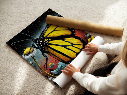 A woman is carefully rolling a fine art poster paper print of a Monarch Butterfly. The floral insect canvas captures the beauty of nature. Perfect for adding a whimsical touch to any room. The yellow accents add a pop of color.