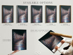 Available options for library bookshelf art are displayed. Choose between a stretched canvas print fine art poster paper or a floating frame. Customize your artwork to suit your style. Perfect for adding intellectual flair to any room. Select your preferred format today.