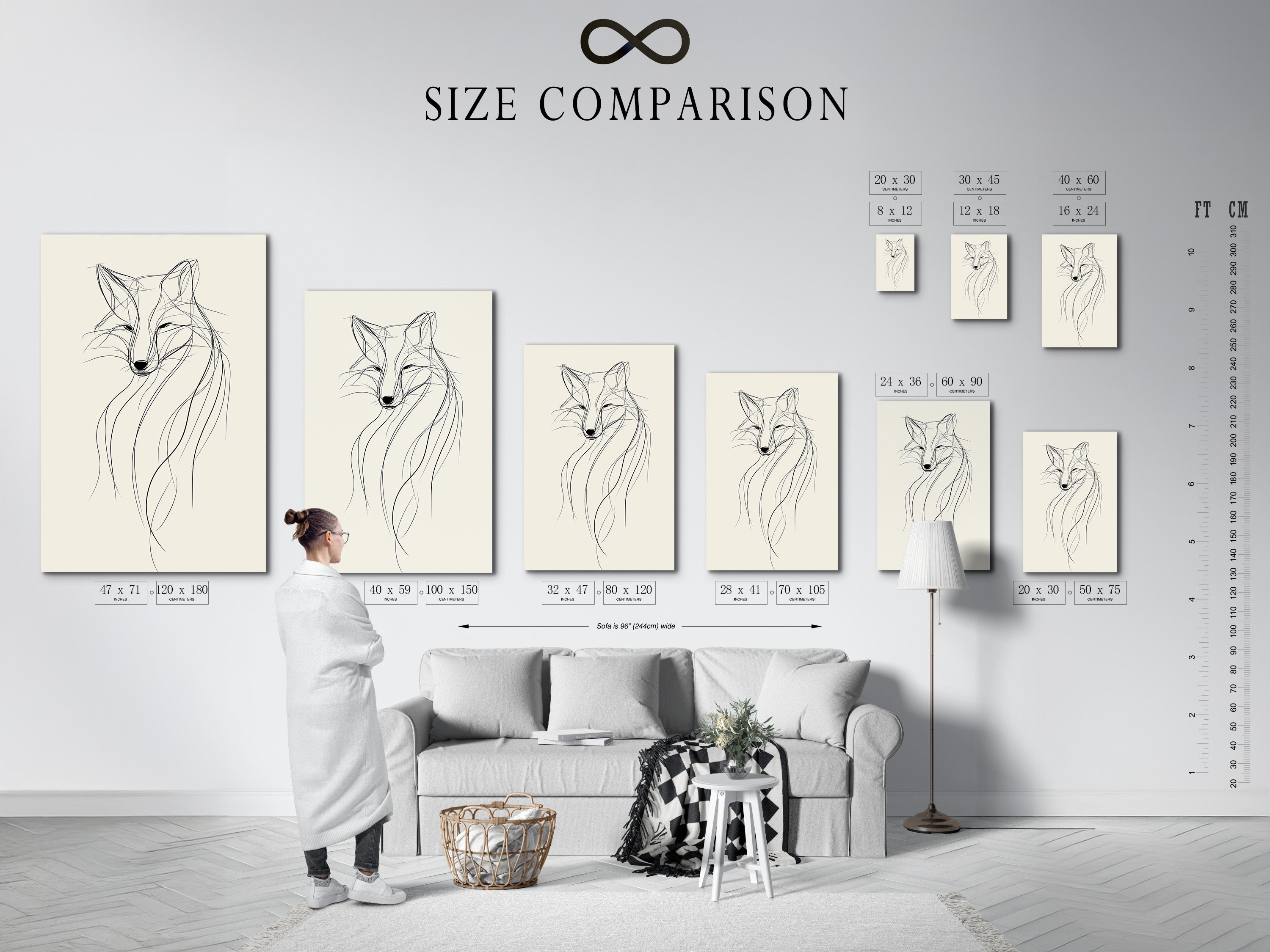 A size comparison chart is displayed in an interior setting. Minimalist fox line artwork is shown in various sizes. This helps visualize the perfect fit for any room. The modern wildlife art complements the interior design. It assists in choosing the right scale for your space.