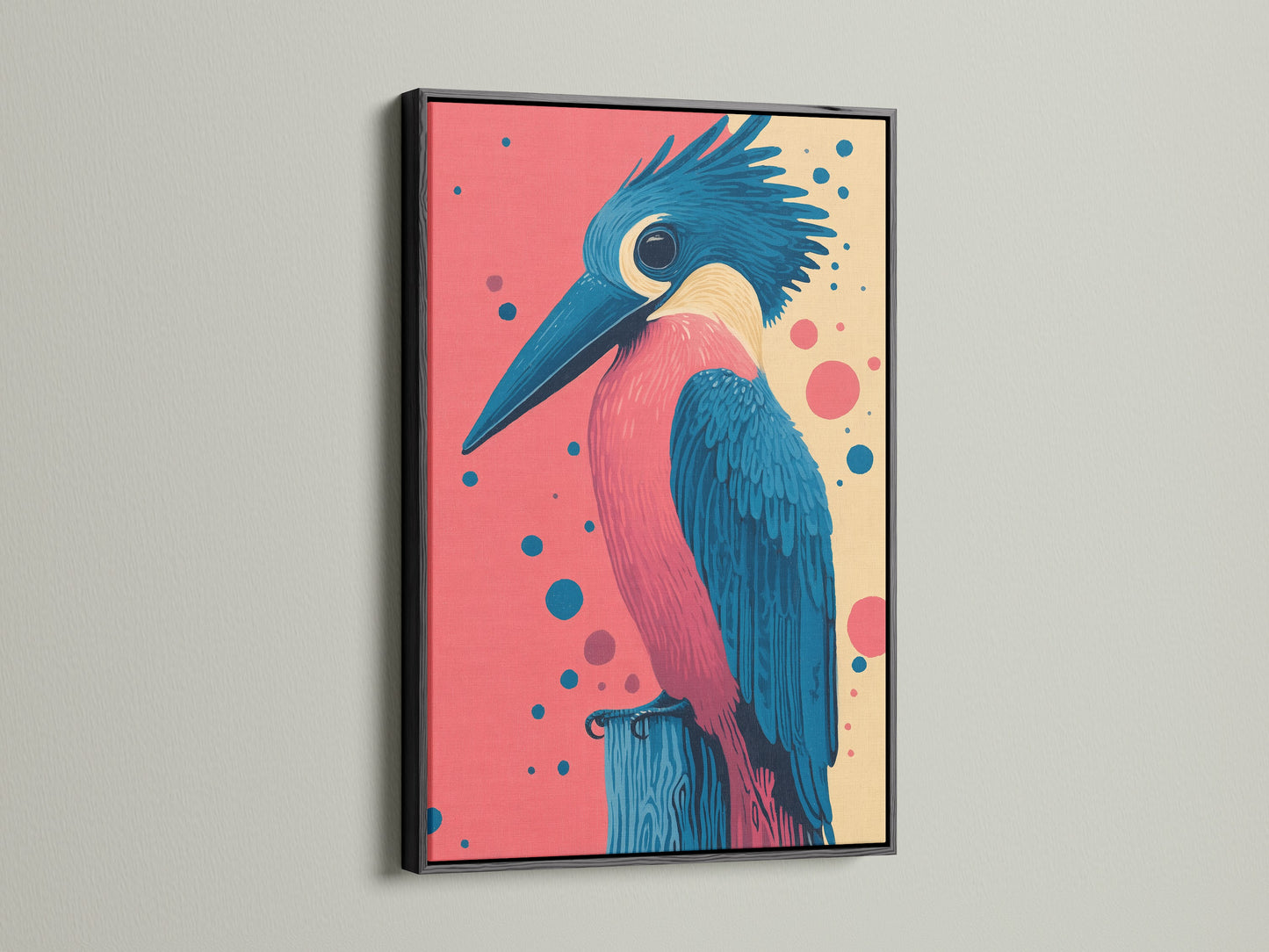 Kingfisher bird artwork showcased in a black frame. The print features a retro style with pink and teal hues. This nature wall decor is ideal for boutique wall decor. Add a modern touch to your home with this animal artwork.