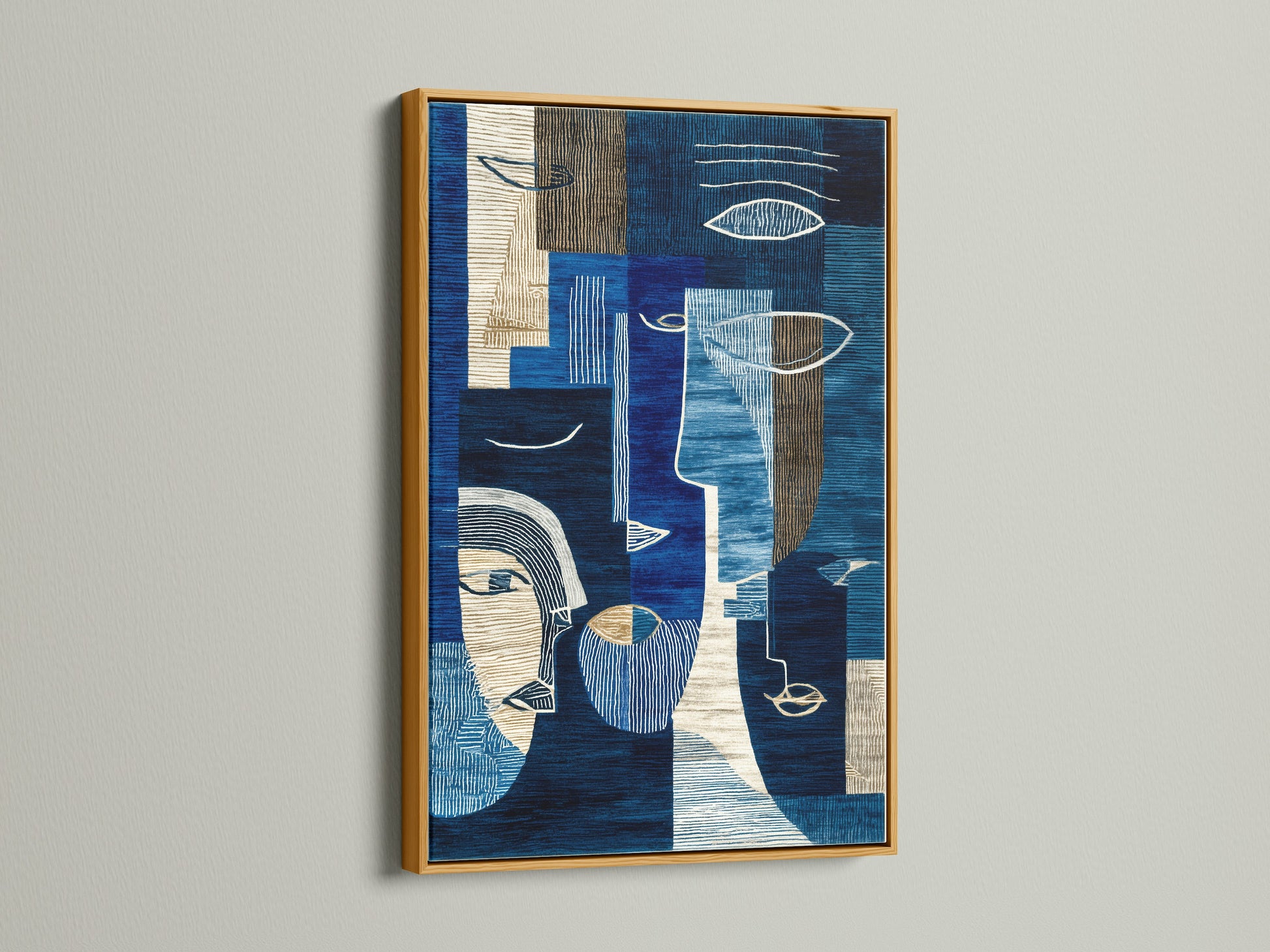 This is an abstract blue art print set in a gold frame. The modern geometric canvas wall art exudes luxury. The navy wall art brings a touch of elegance to showrooms and studios. Transform any room with this contemporary artwork. This is a great geometric canvas