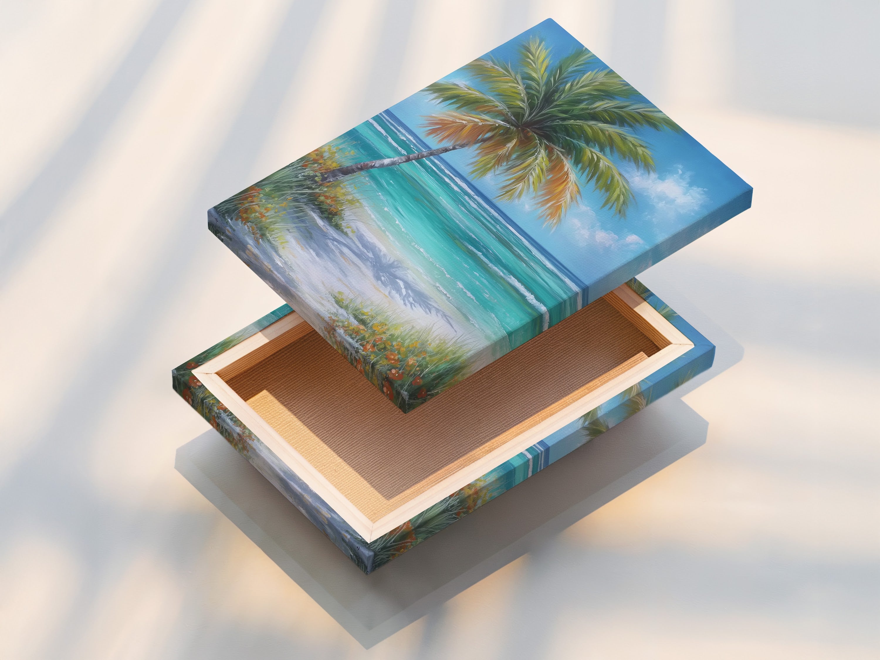 Stretched canvas print of tropical beach artwork. Palm tree coastal wall art showcases a turquoise ocean painting for bedroom wall decor. The artwork embodies a soothing coastal vibe perfect for living room wall art. Ready to hang for easy display.