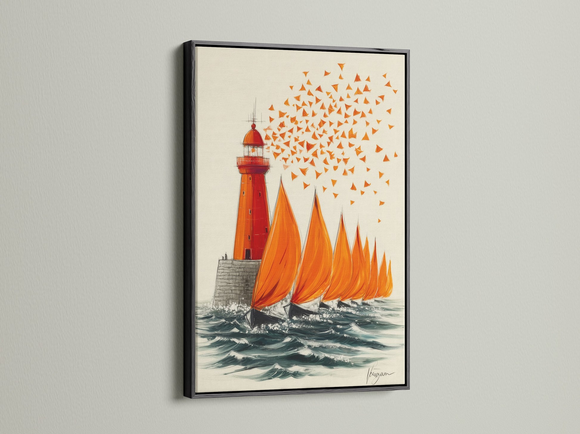 Nautical canvas print featuring a lighthouse and sailboats in a black frame. The contrasting frame enhances the vibrant orange hues of the artwork. Makes a bold statement in any room. Perfect for coastal and modern decor styles. Elevate your home with sea art.