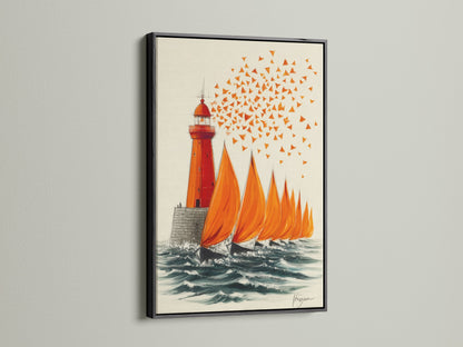 Nautical canvas print featuring a lighthouse and sailboats in a black frame. The contrasting frame enhances the vibrant orange hues of the artwork. Makes a bold statement in any room. Perfect for coastal and modern decor styles. Elevate your home with sea art.