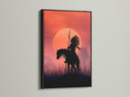 Native American Warrior canvas art in a black frame. This silhouette print captures the essence of western art. Enhance your decor with this tribal wall art featuring a horseback rider against a sunset. Perfect for southwestern-inspired spaces.