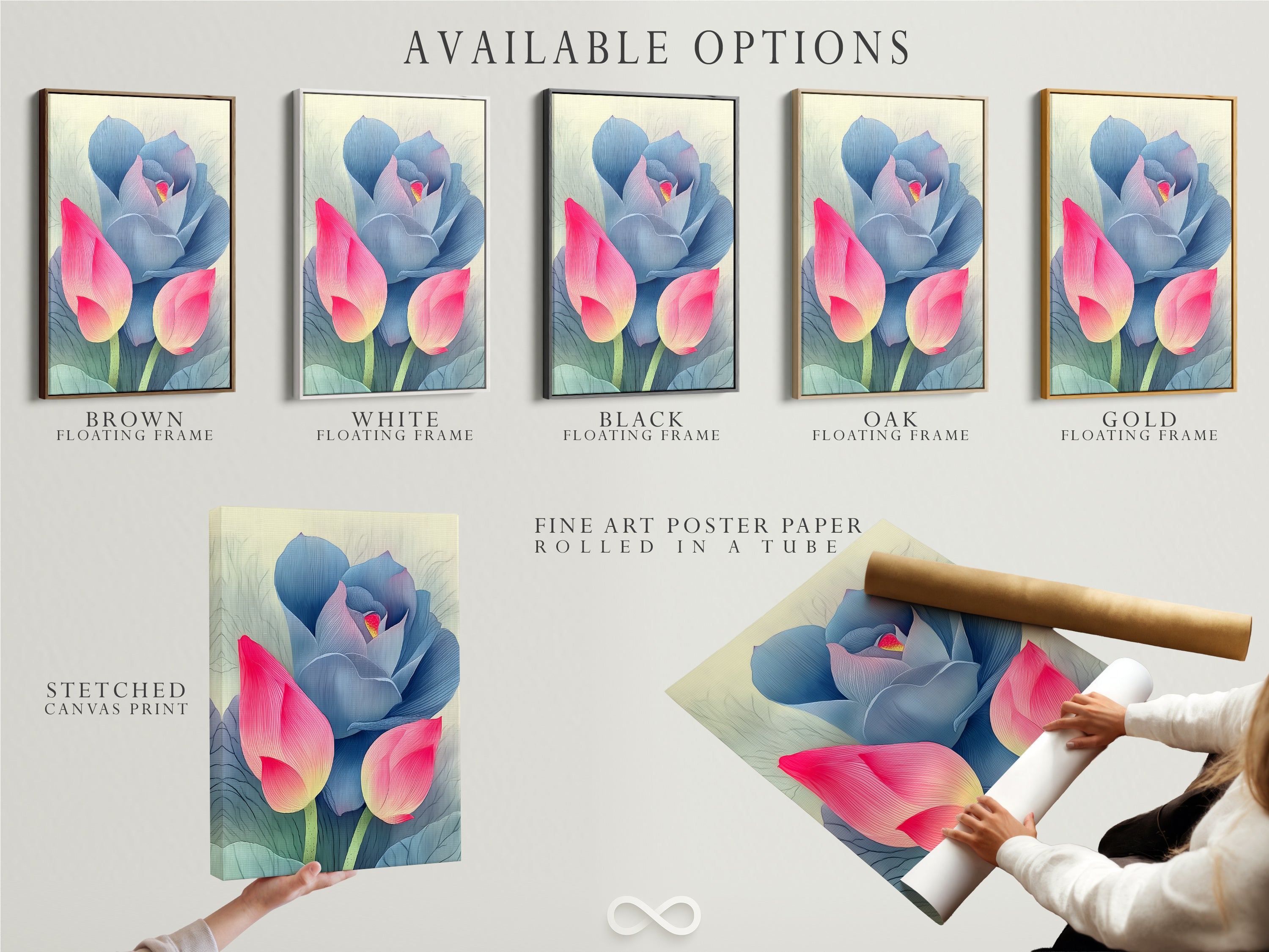 Available options for a pink and blue lotus flower artwork include a stretched canvas print fine art poster paper and floating frame. Choose the perfect format to match your style and space. Enhance your decor with this modern botanical artwork now.