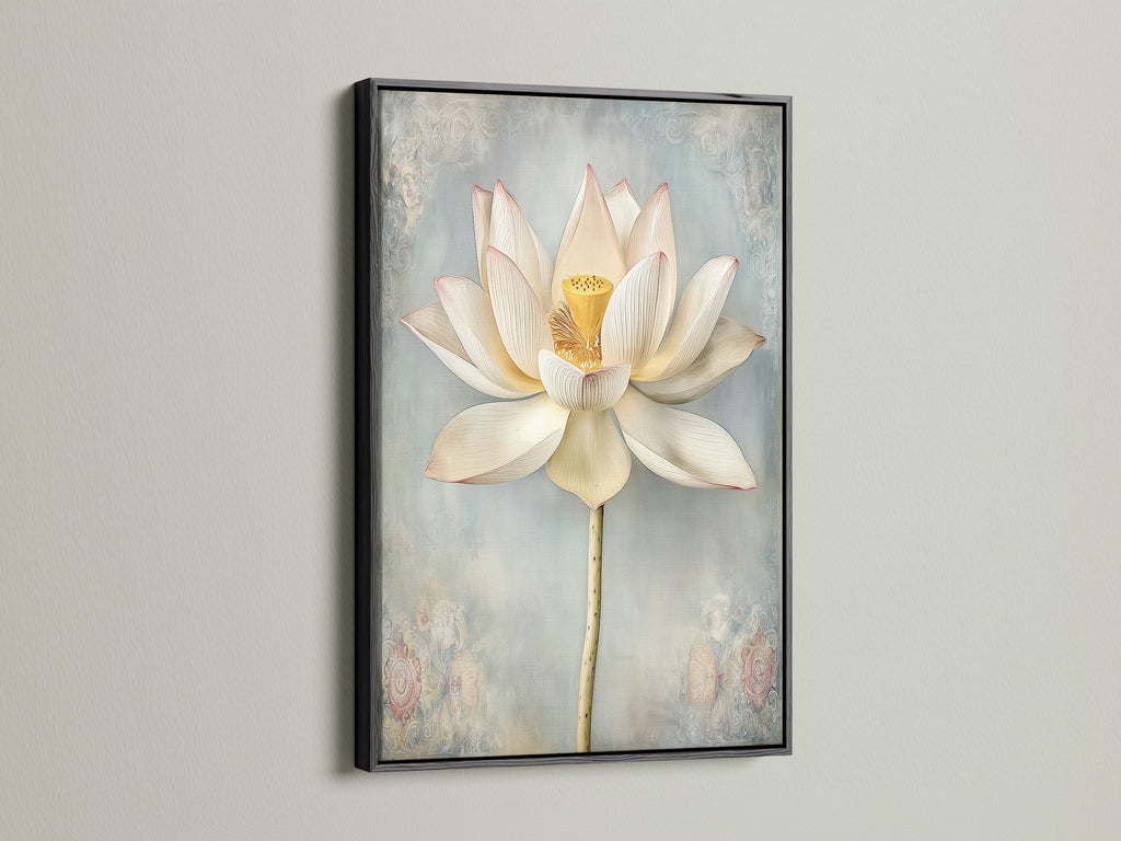 Lotus Flower artwork in a black floating frame. This zen wall art creates a focal point. It complements modern interiors. A wonderful piece for living room wall art bedroom wall decor yoga studios and spas.