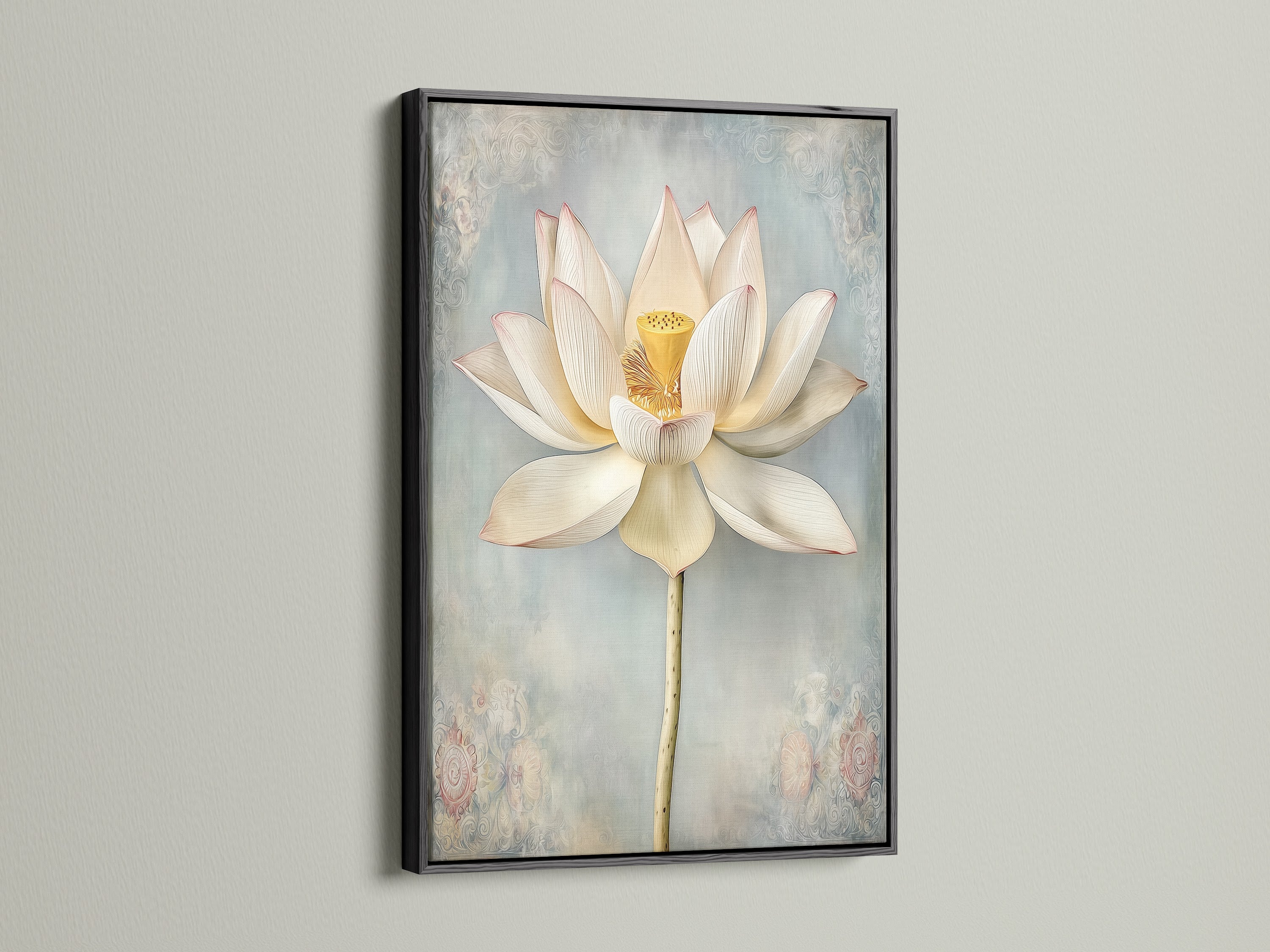 Lotus Flower artwork in a black floating frame. This zen wall art creates a focal point. It complements modern interiors. A wonderful piece for living room wall art bedroom wall decor yoga studios and spas.