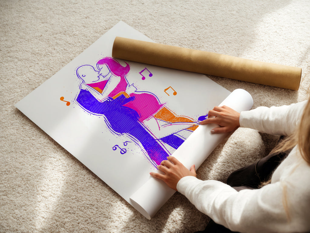 A woman is carefully rolling a fine art poster paper. The paper displays dancing couple art. This modern line art is perfect for home decor. Abstract figures create a captivating scene. Great as a gift for dancers or art collectors.