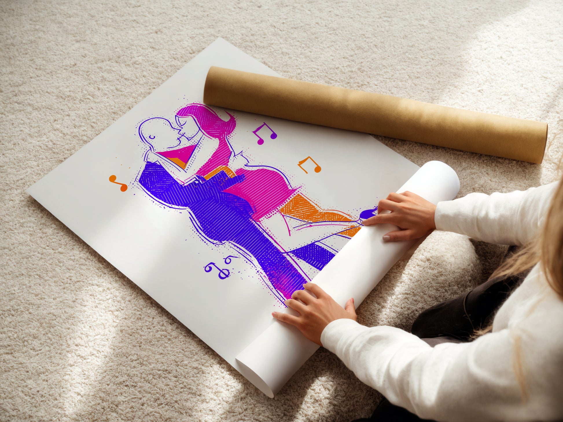 A woman is carefully rolling a fine art poster paper. The paper displays dancing couple art. This modern line art is perfect for home decor. Abstract figures create a captivating scene. Great as a gift for dancers or art collectors.