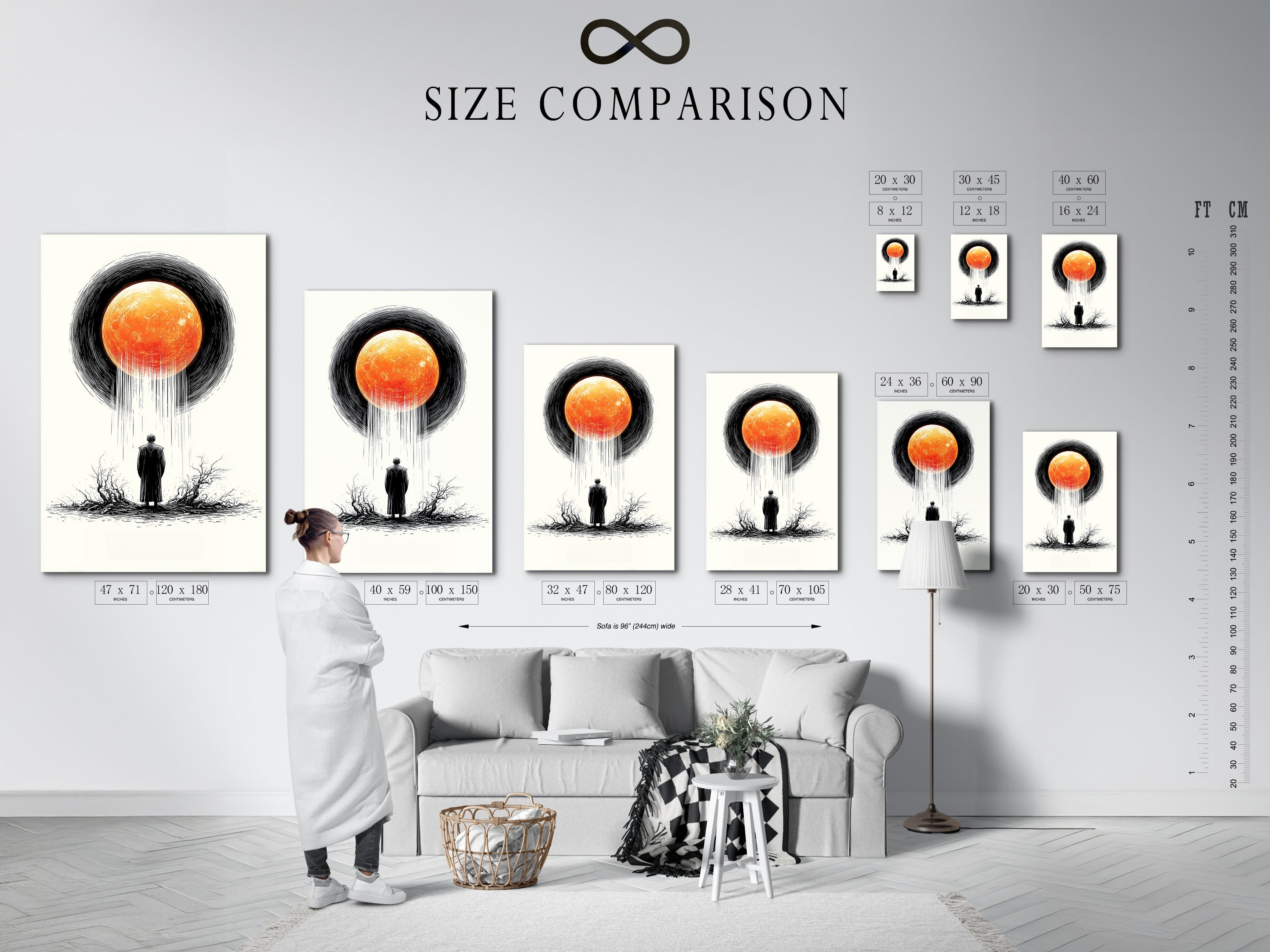 Size comparison chart in an interior setting. See how the surreal eclipse art print fits in various spaces. Perfect for planning your modern wall decor. Available in multiple sizes for your convenience. Visual size guide.